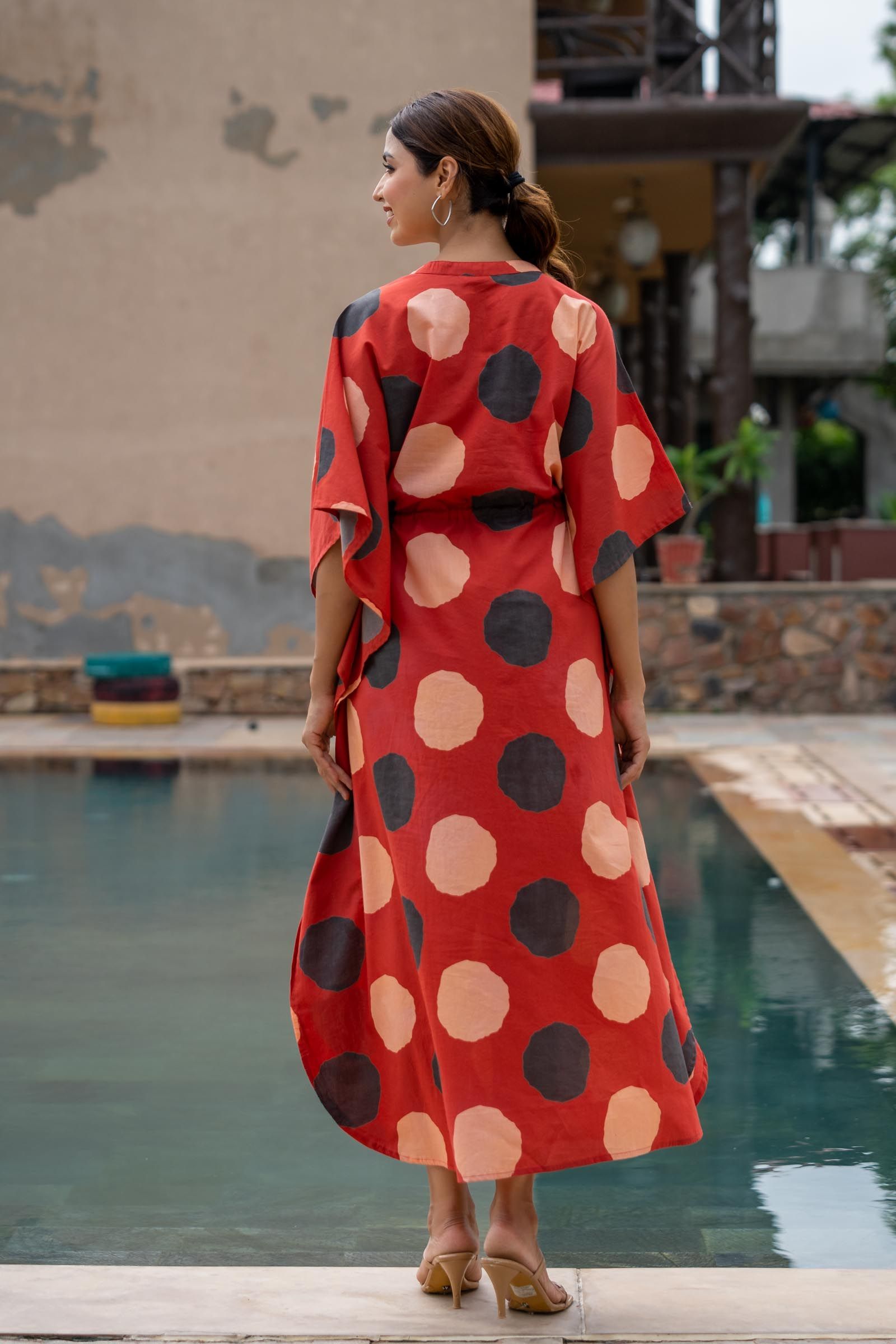 Red Polka Block Printed Kaftan Dress