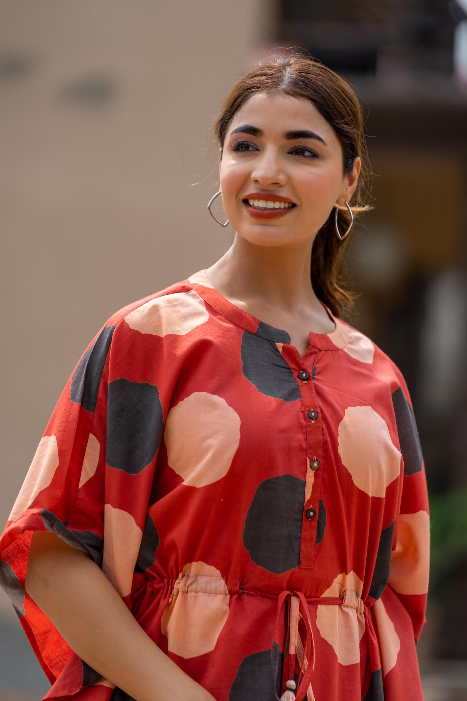 Red Polka Block Printed Kaftan Dress