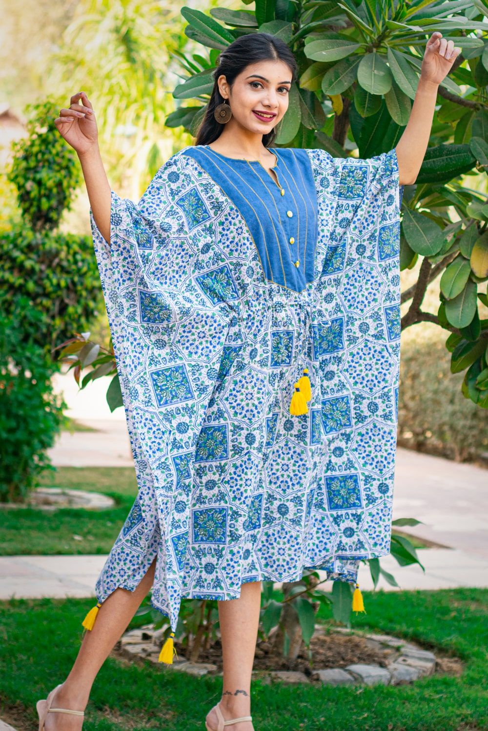 Blue Block Printed Cotton Kaftan Dress