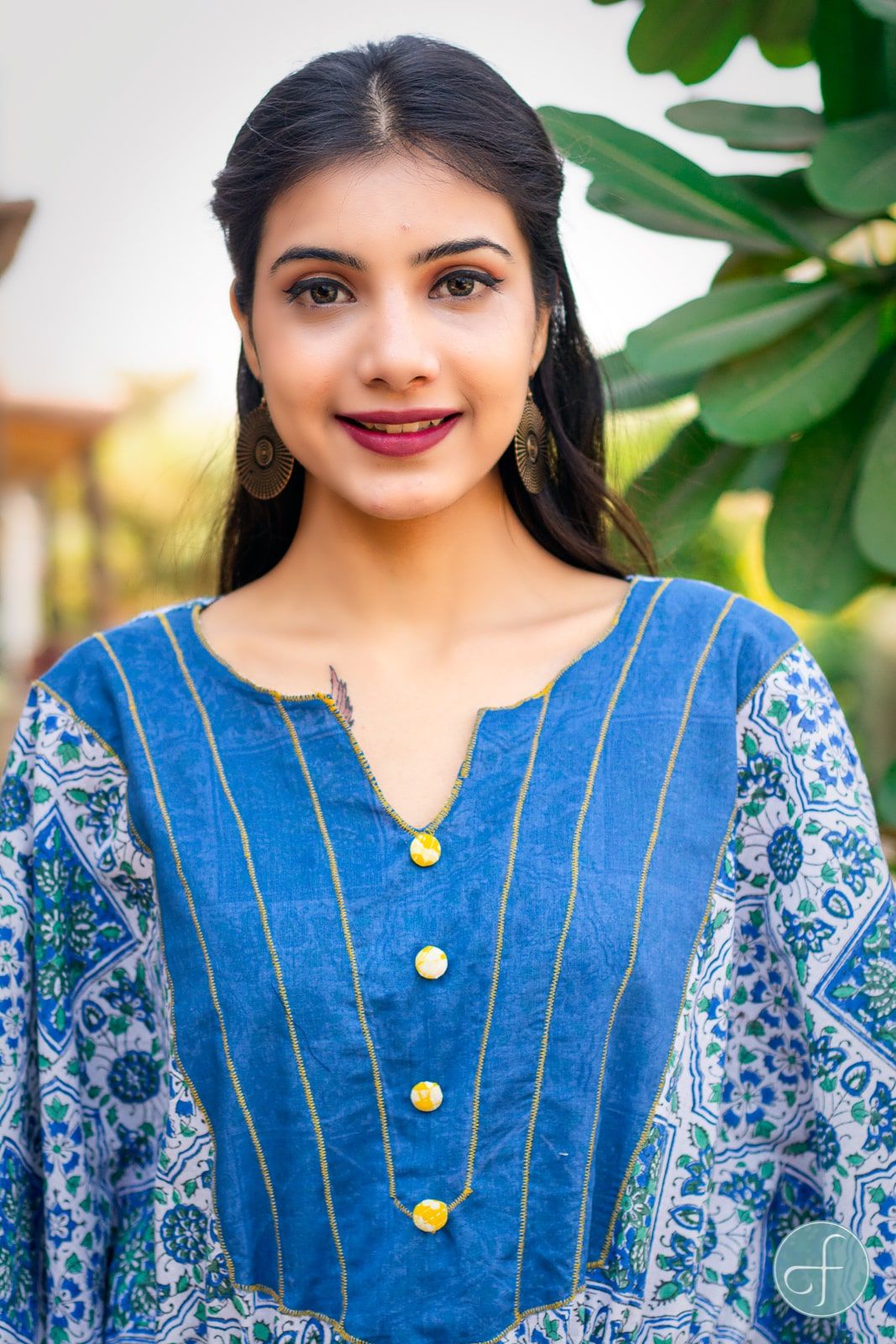 Blue Block Printed Cotton Kaftan Dress