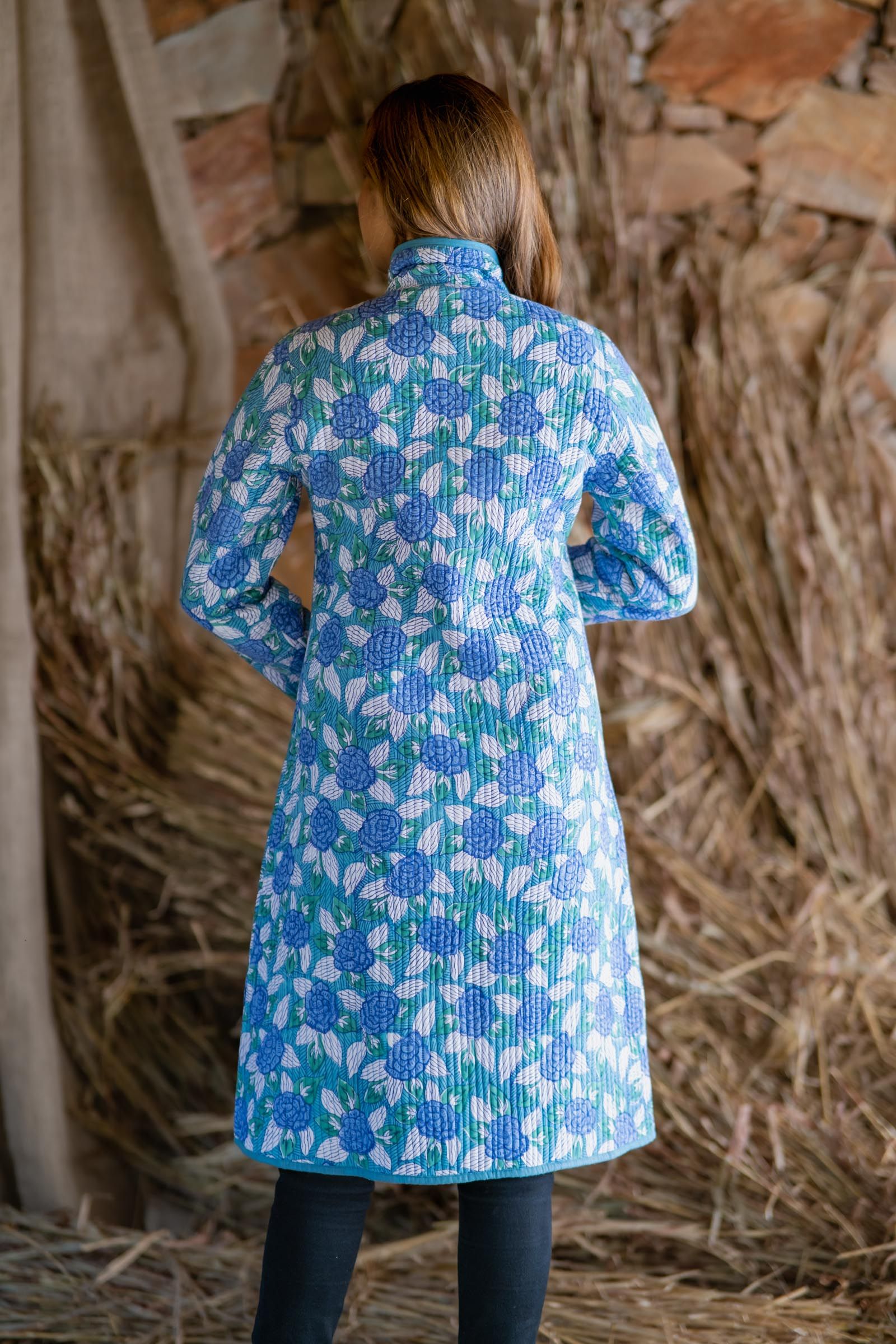 Blue White Block Printed Reversible Quilted Coat