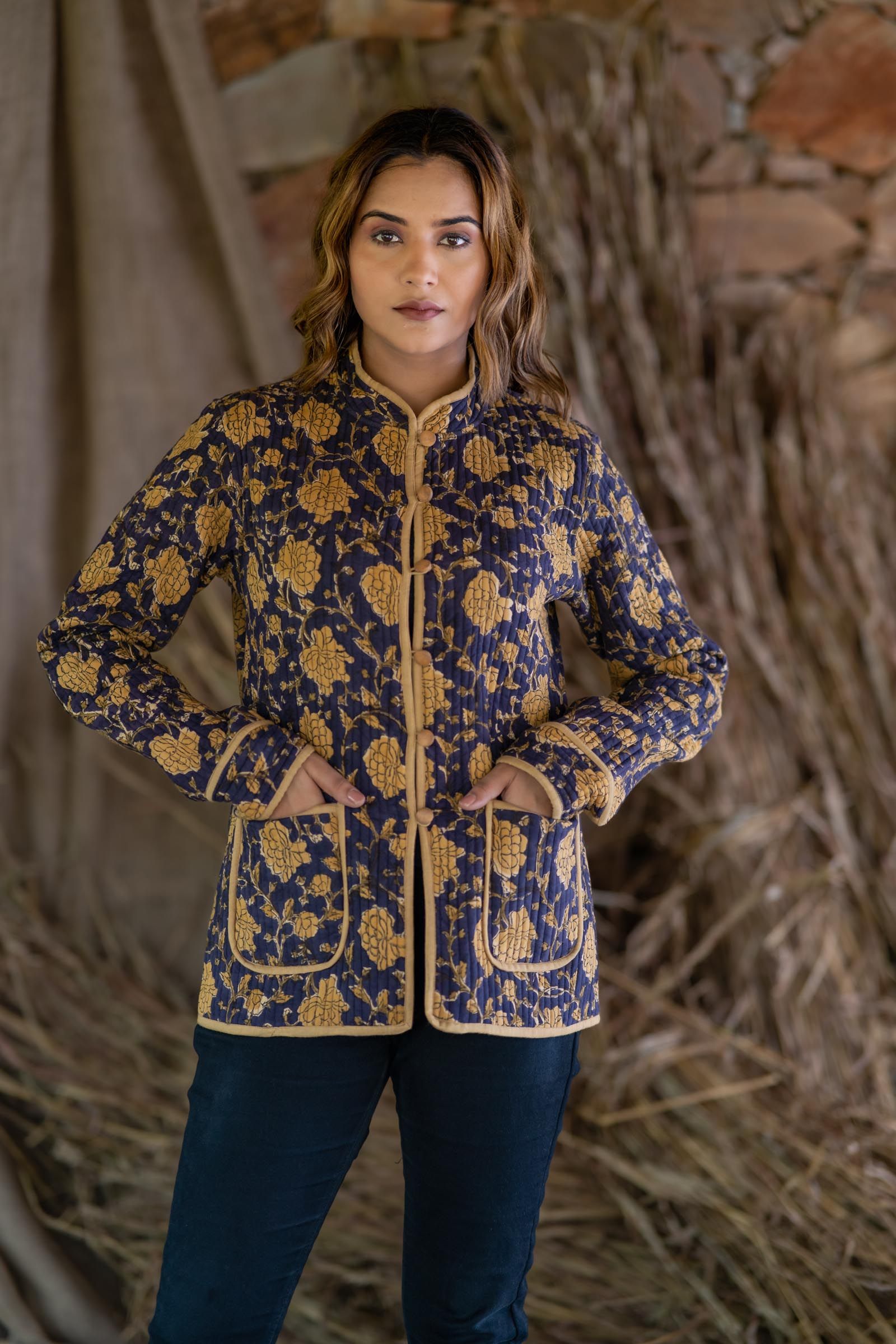 Mustard Bagru Cotton Reversible Quilted Jacket