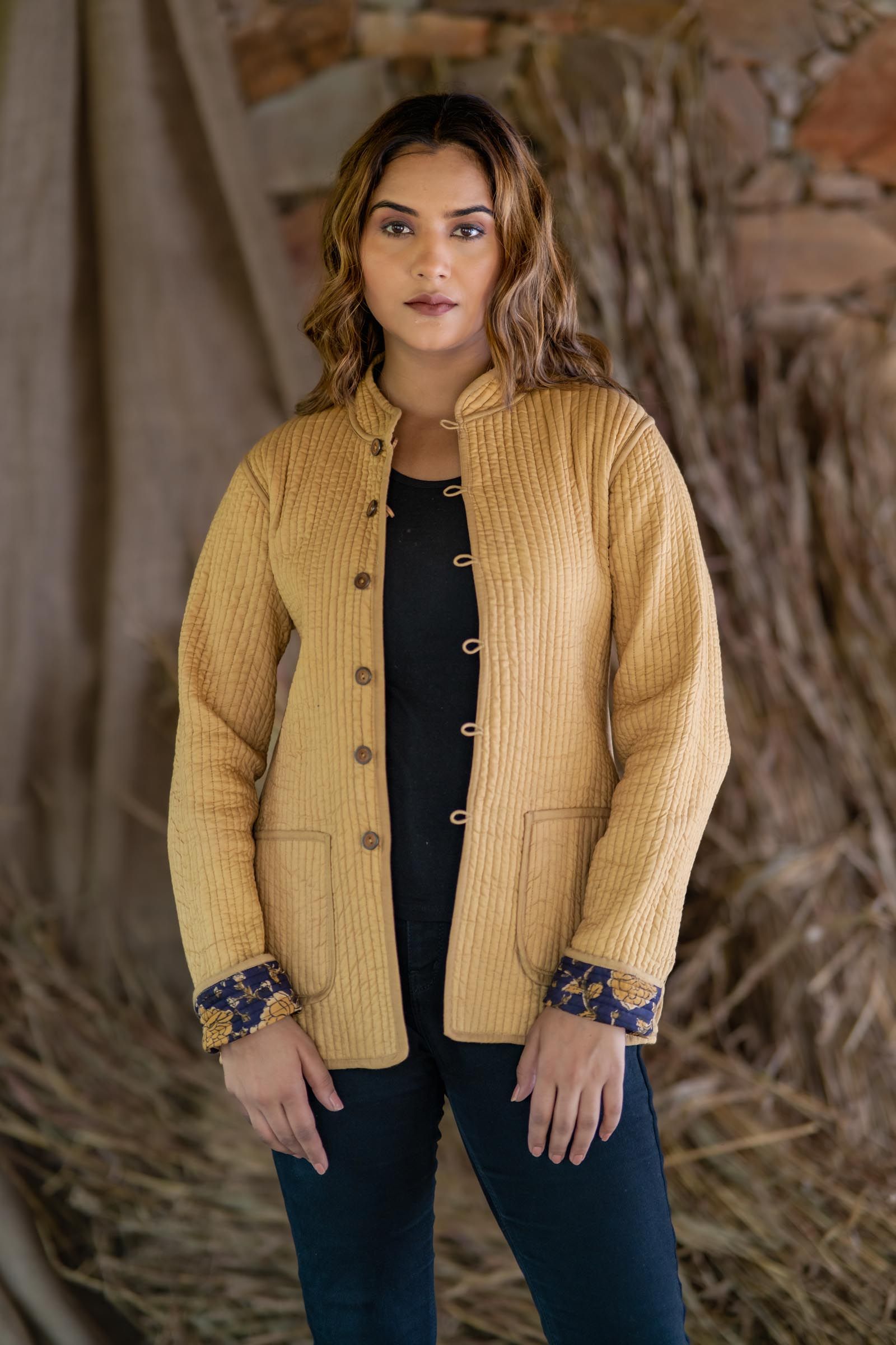 Mustard Bagru Cotton Reversible Quilted Jacket