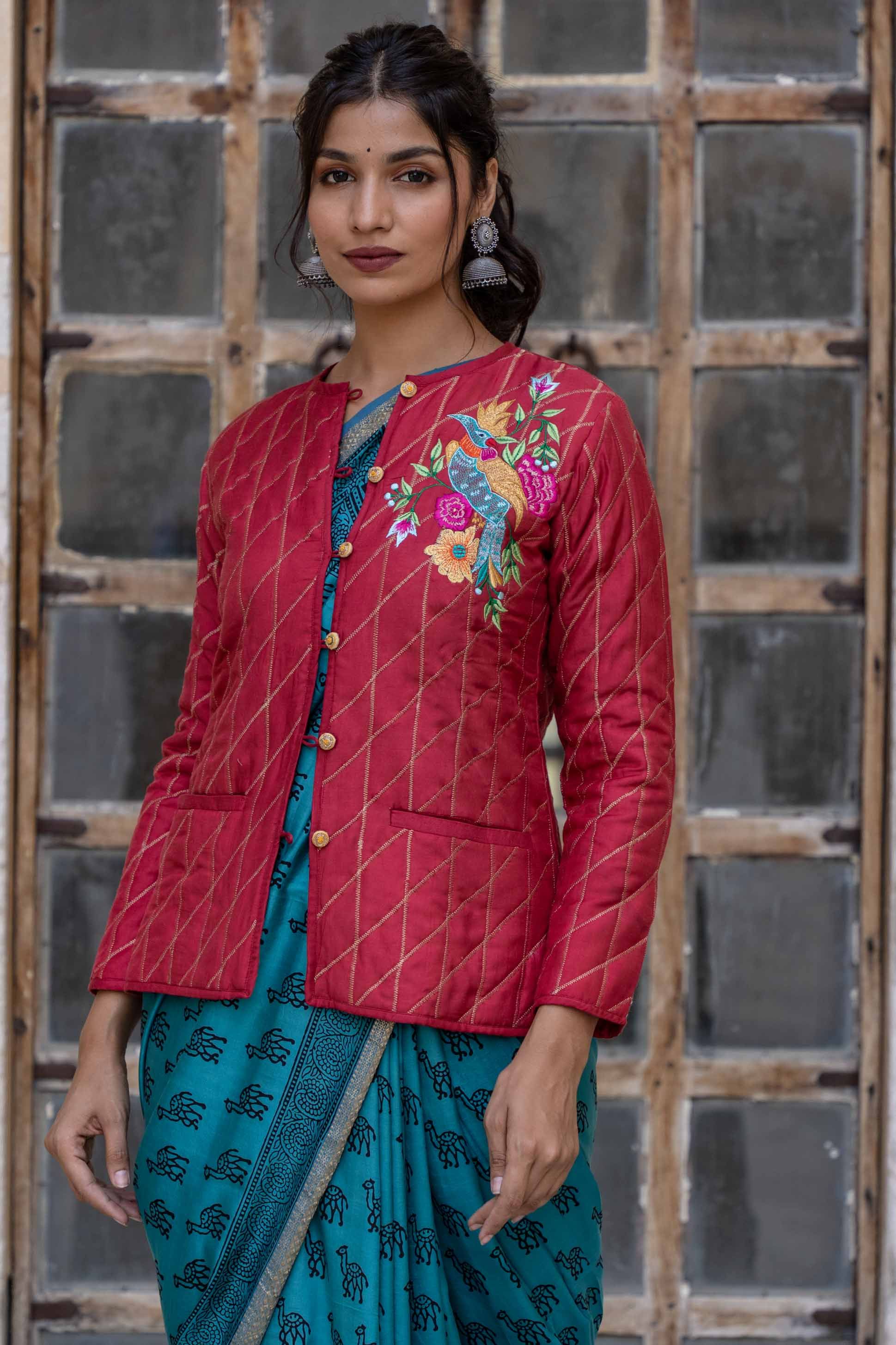 Berry Red Embroidered Quilted Silk Jacket