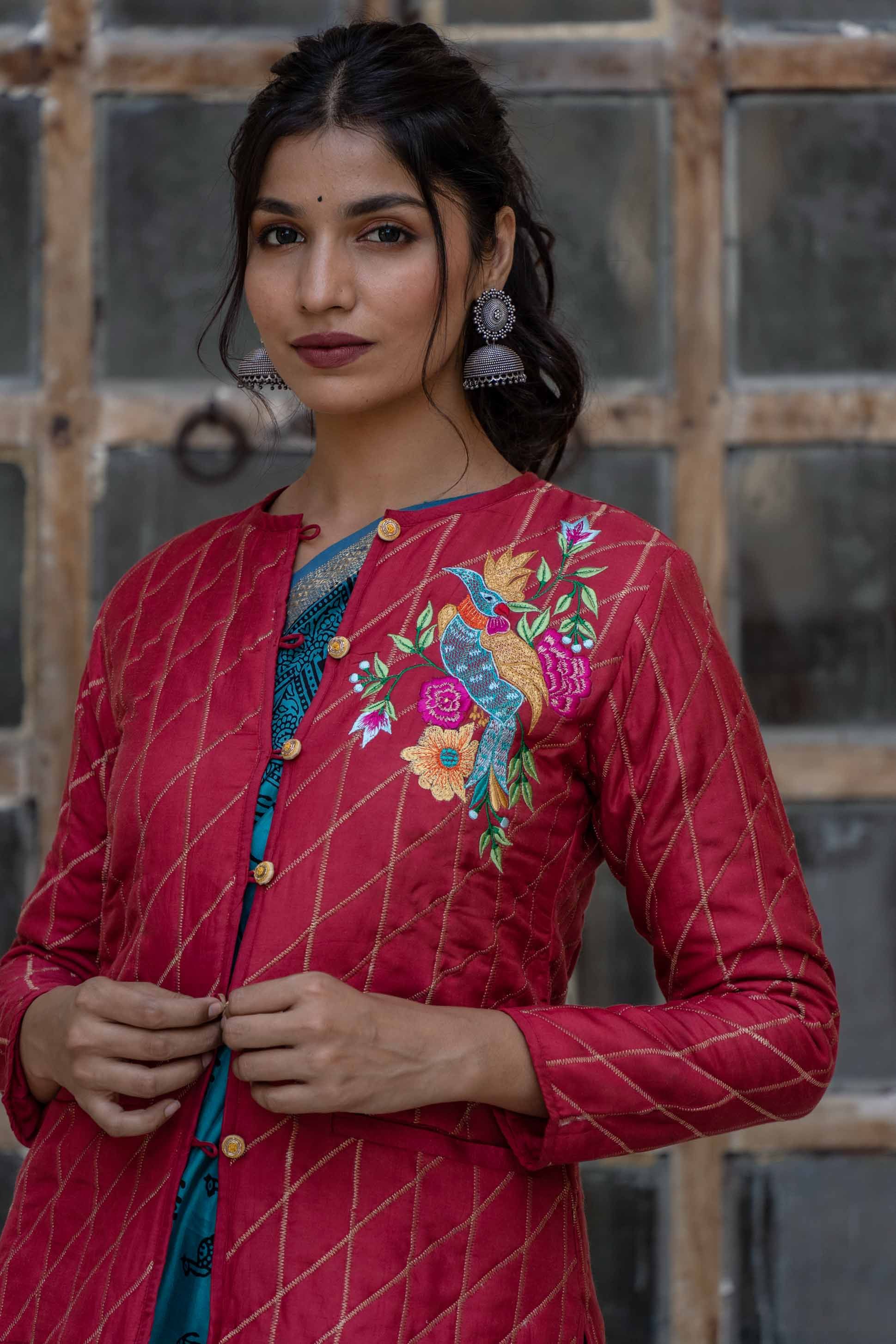 Berry Red Embroidered Quilted Silk Jacket