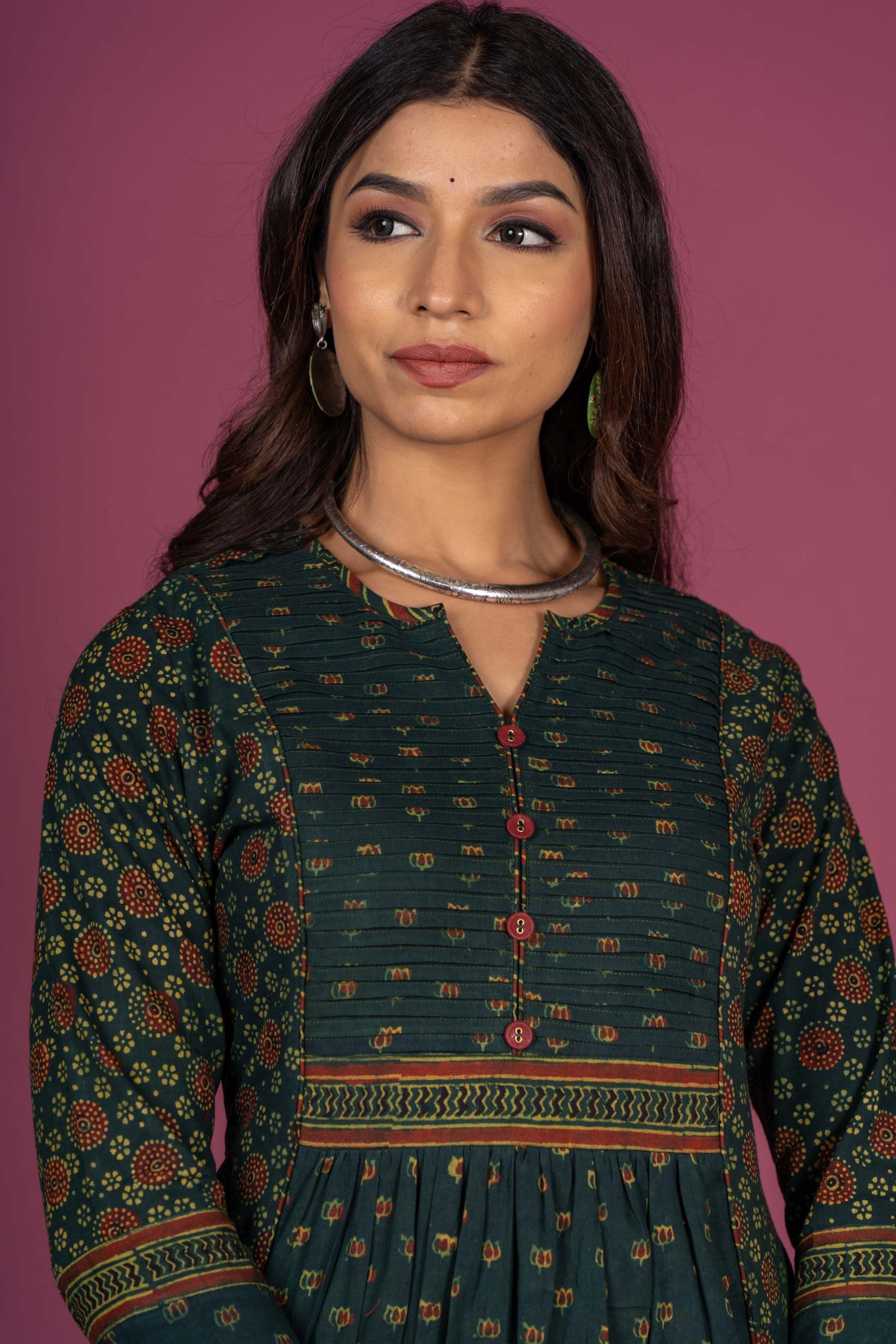 Green Ajrakh Block Printed Kurta 