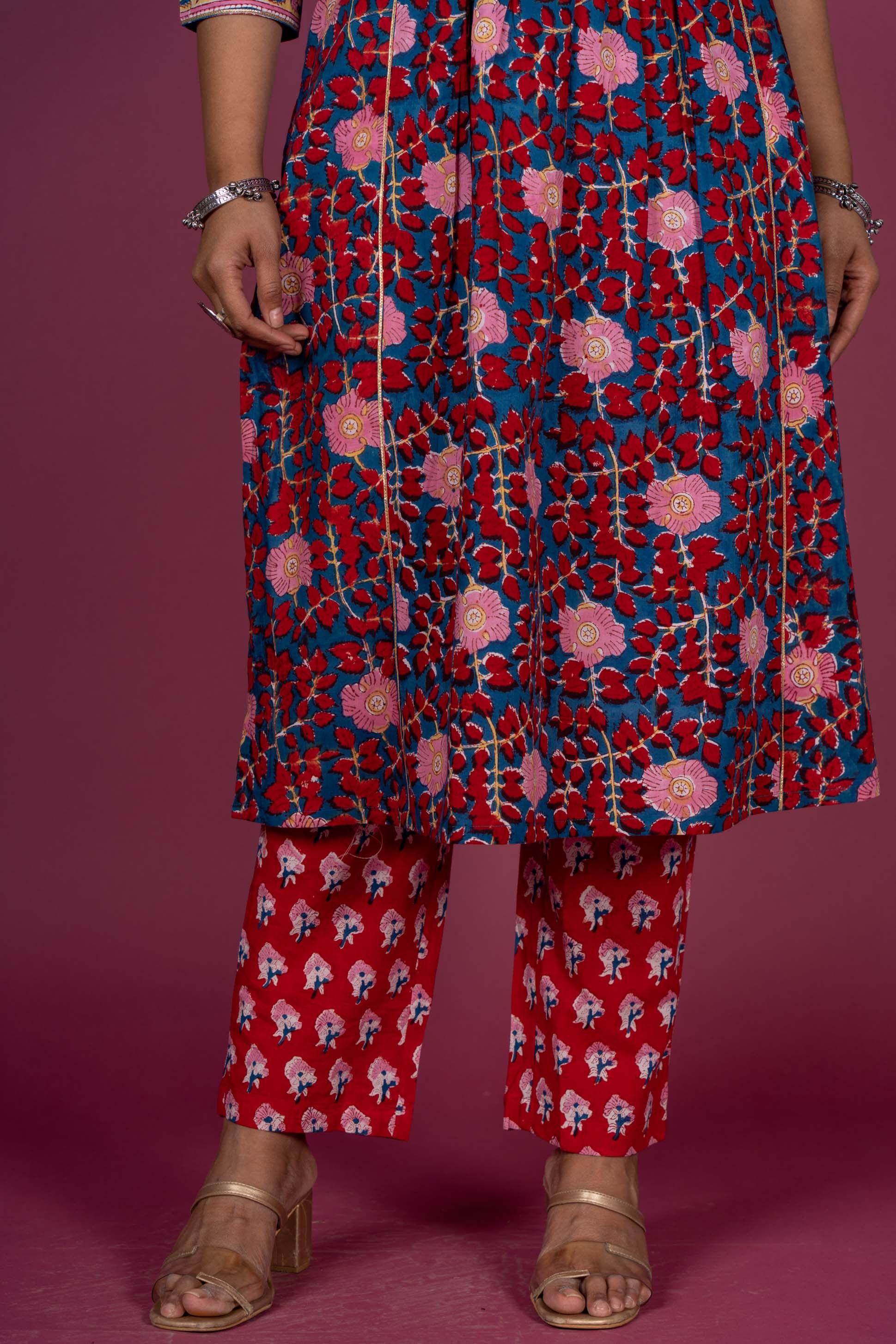 Poppy Red Block Printed Kurta Set