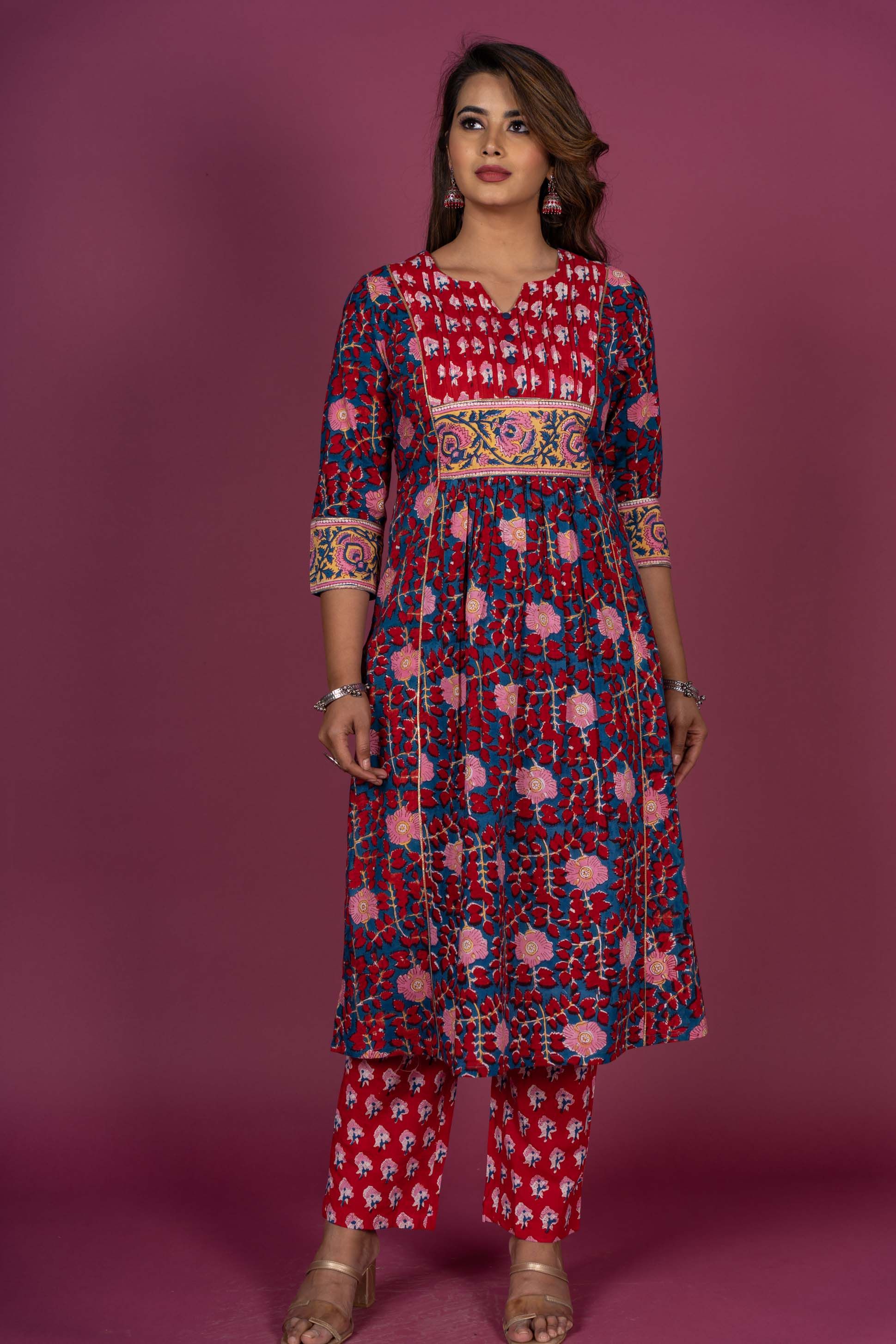 Poppy Red Block Printed Kurta Set