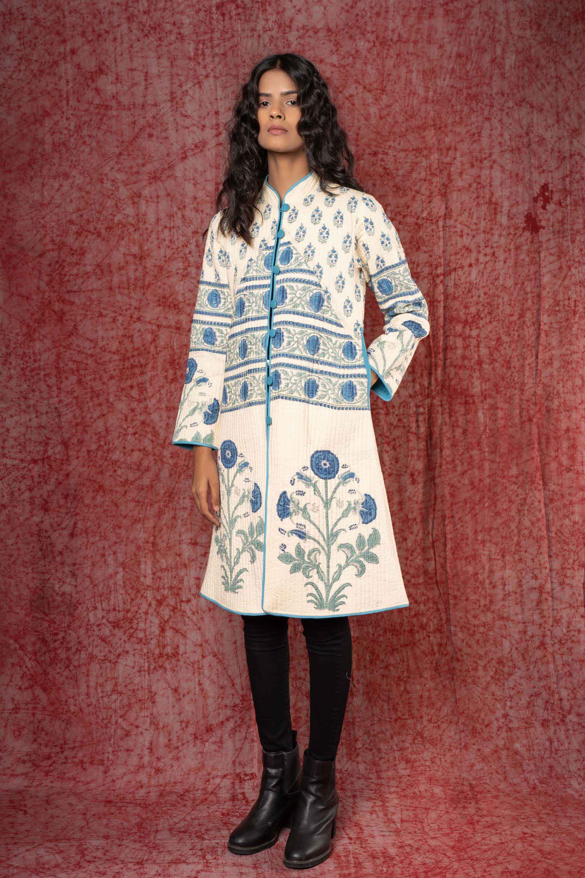 Blue Block Printed Reversible Quilted Coat