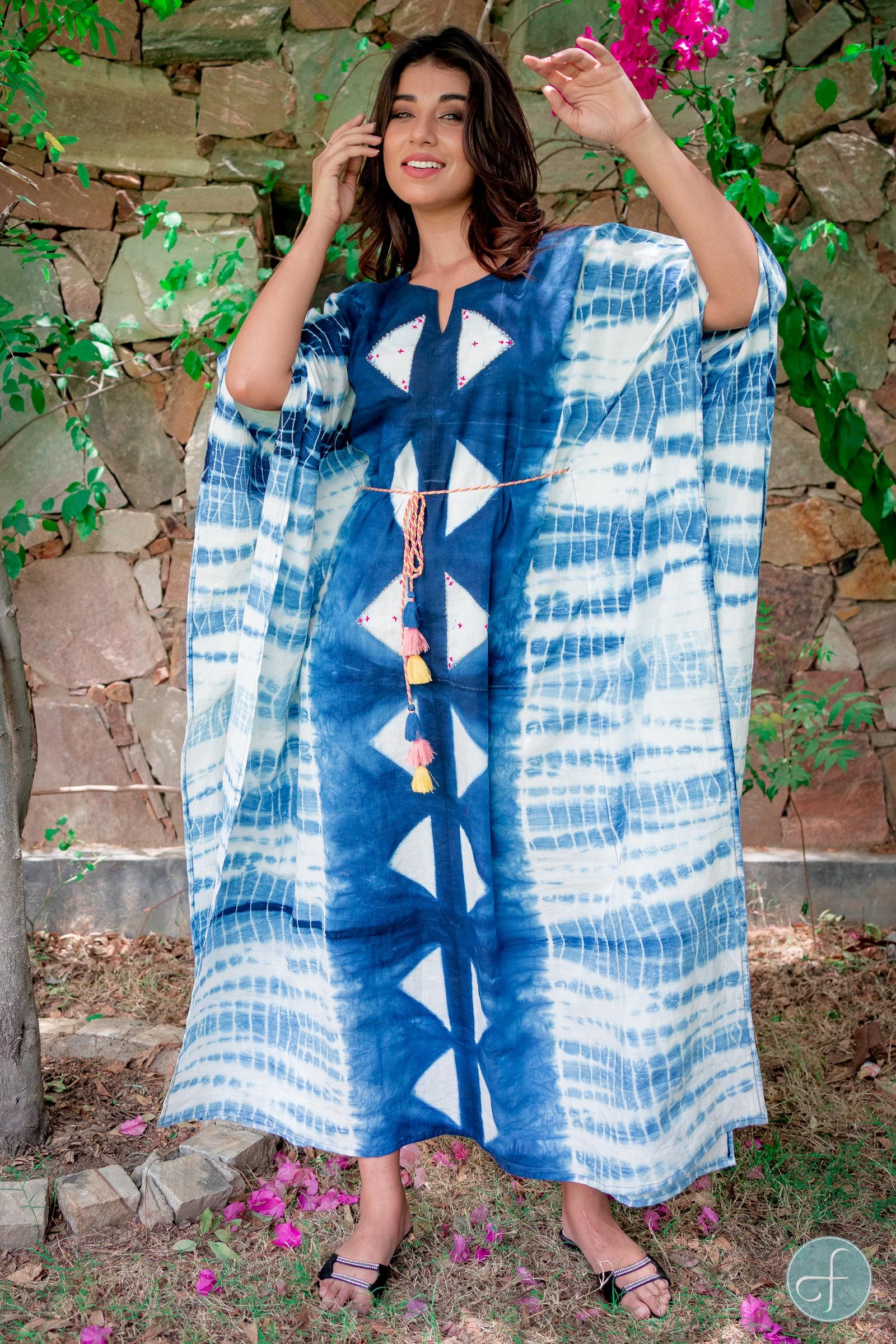 Blue And White Shibori Cotton Kaftan Dress