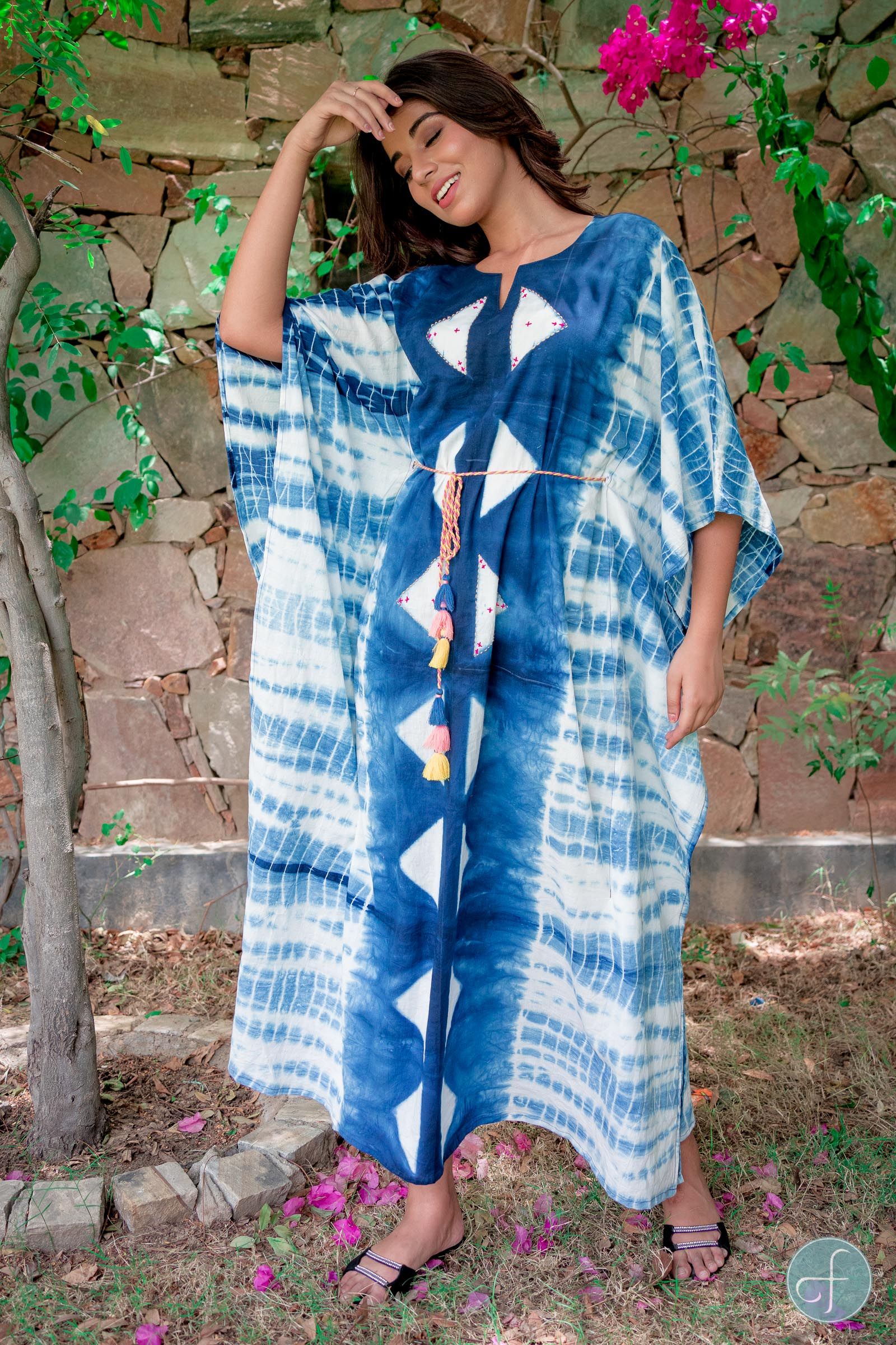 Blue And White Shibori Cotton Kaftan Dress