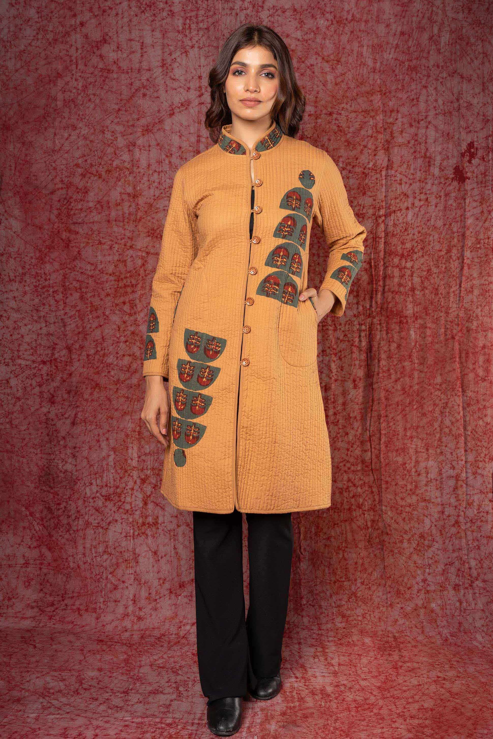 Brown Applique Reversible Quilted Coat