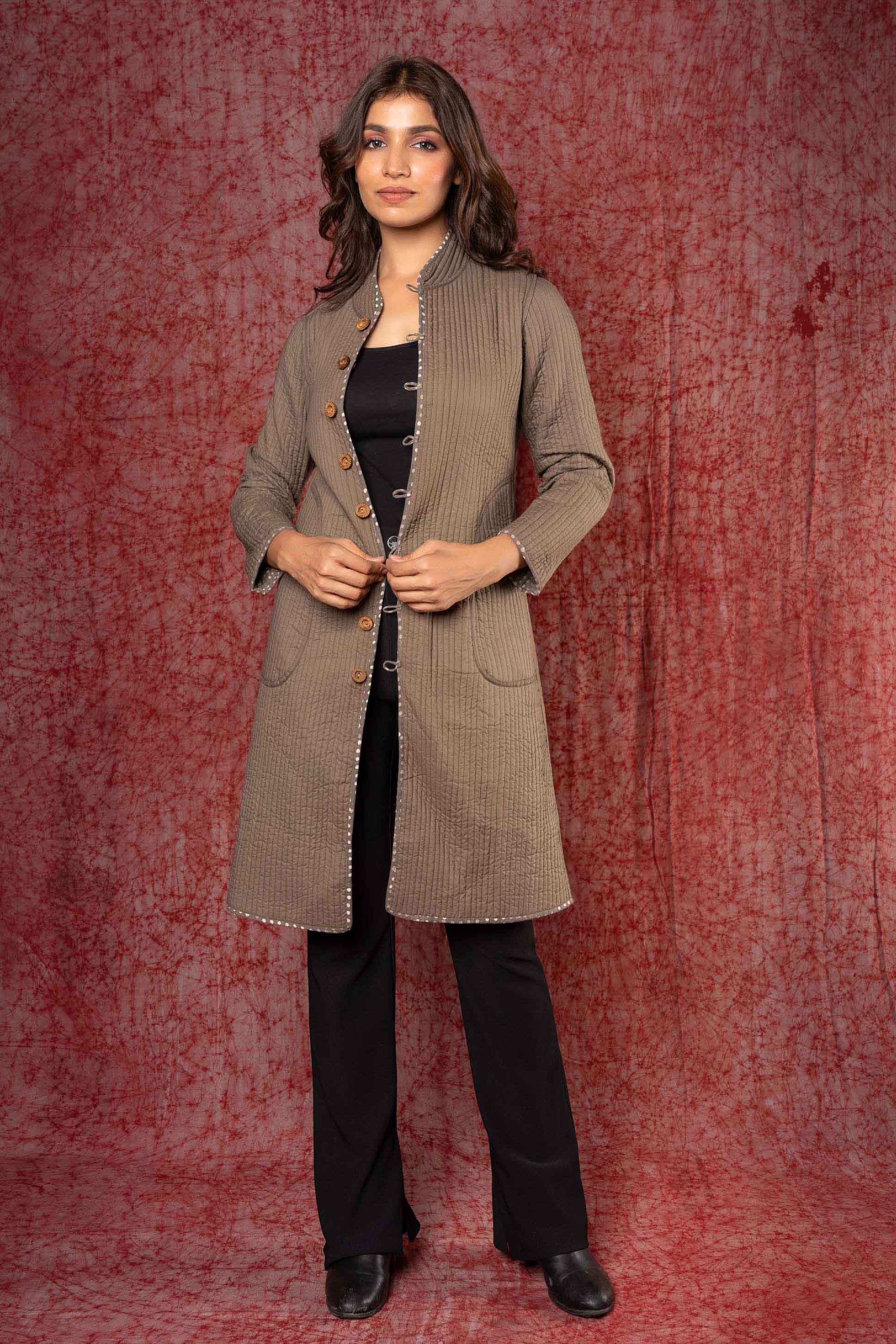 Kashish Grey Applique Reversible Quilted Coat