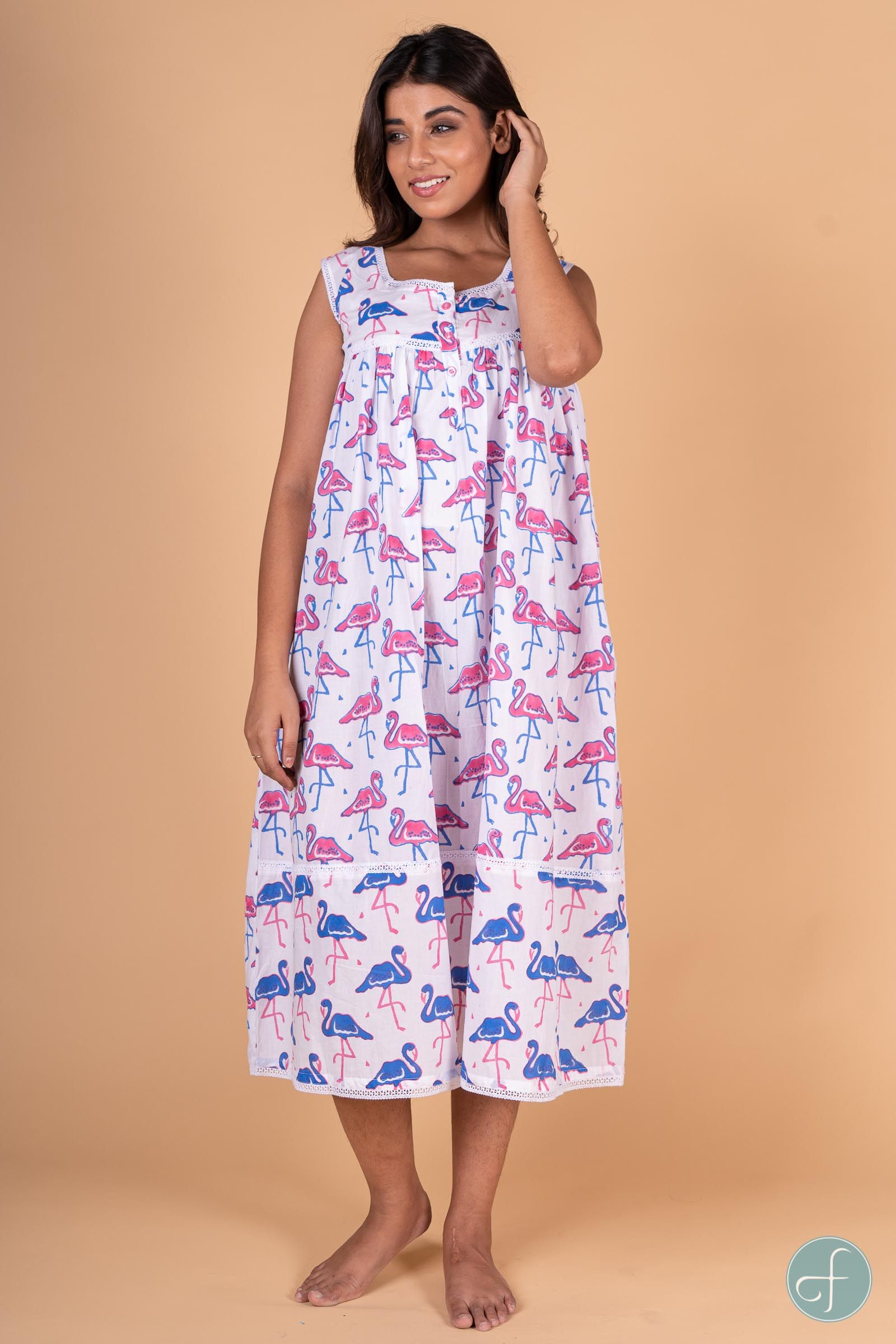 Flamingo Block Print Sleeveless Night Gown