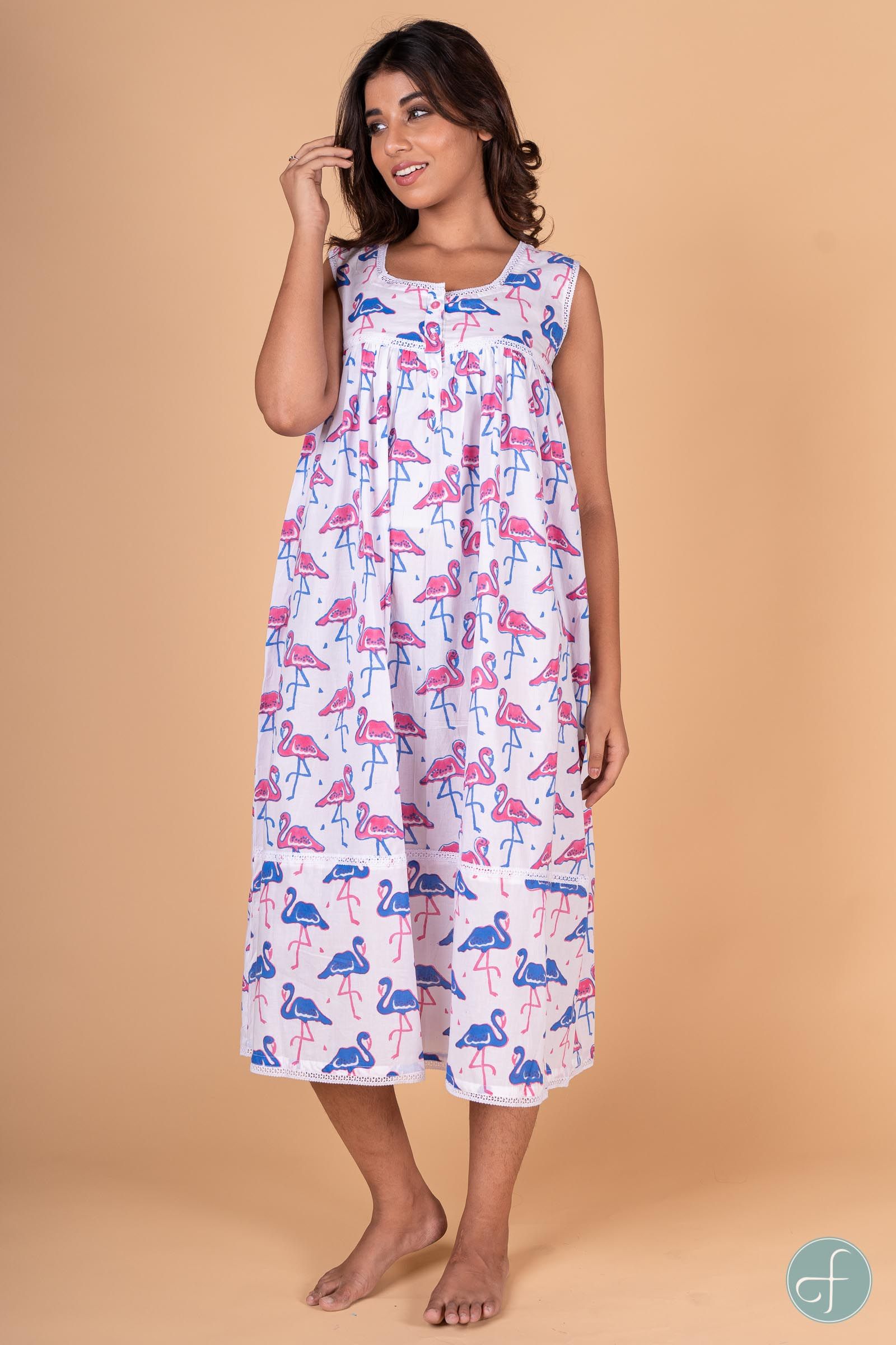 Flamingo Block Print Sleeveless Night Gown