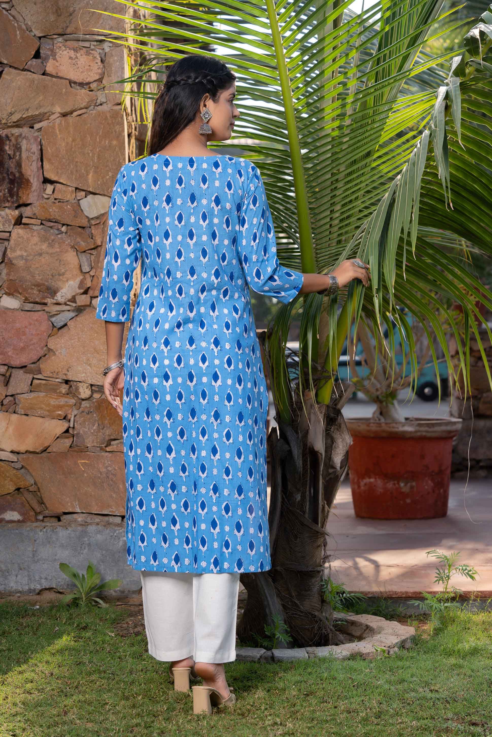 Blue Floral Printed Kurta 