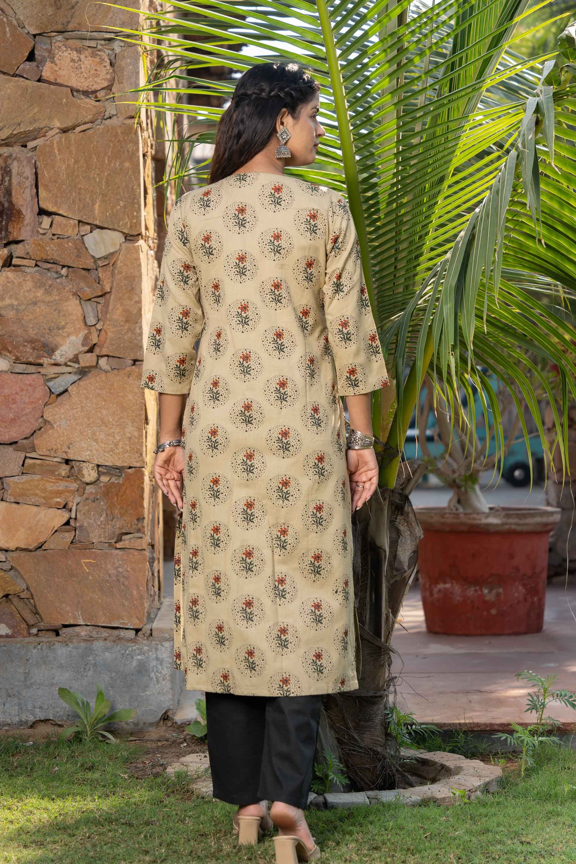 Camel Brown Slub Cotton Printed Kurta 