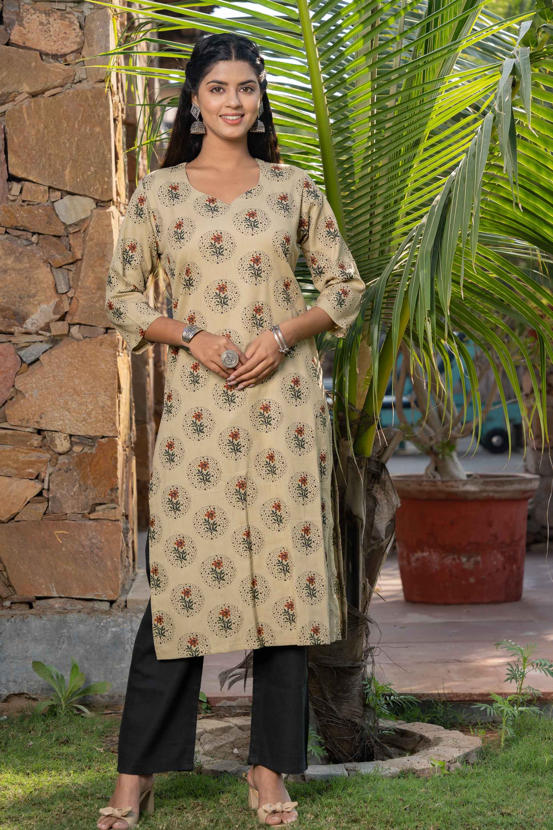 Camel Brown Slub Cotton Printed Kurta 