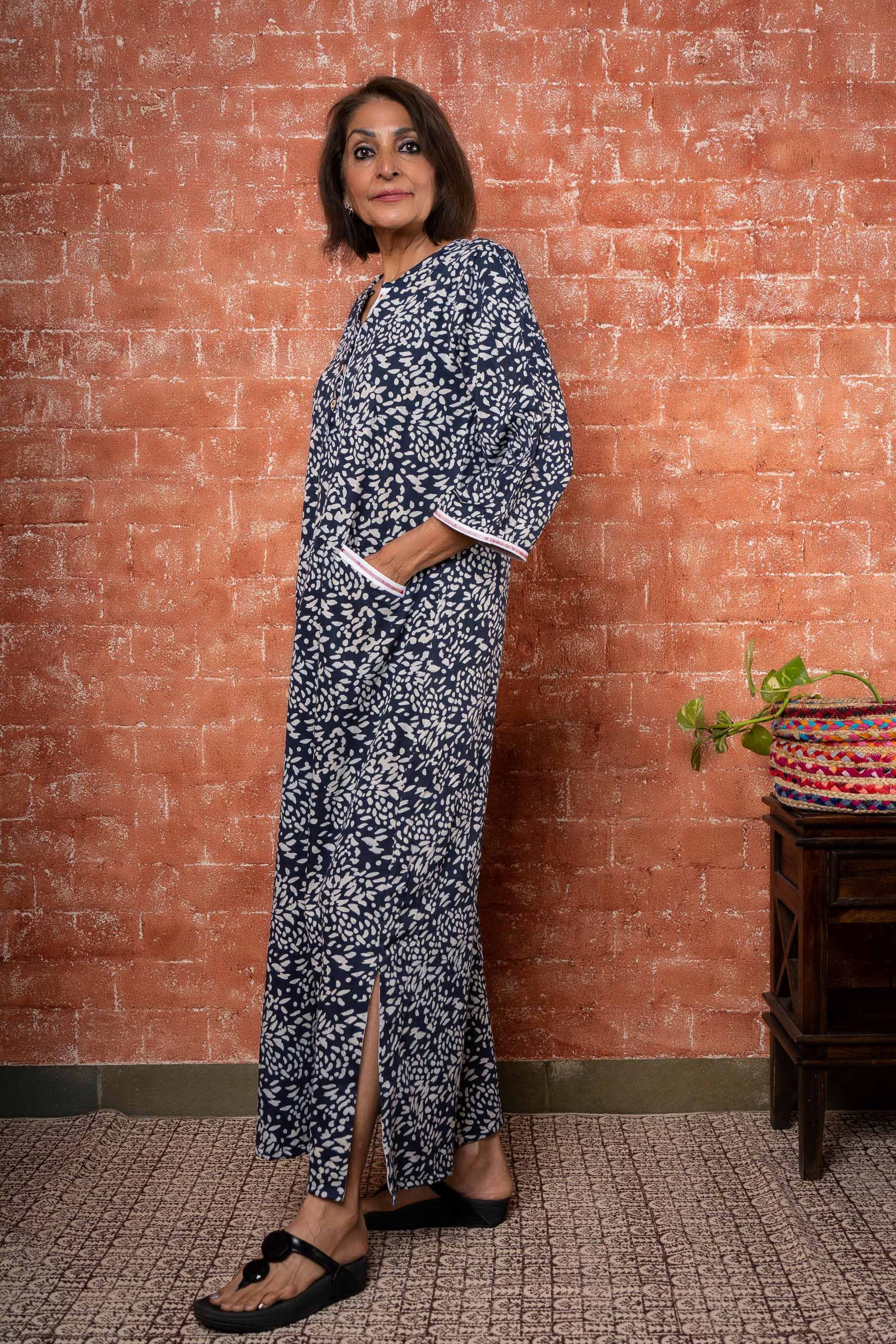 Navy Blue Block Printed Night Gown