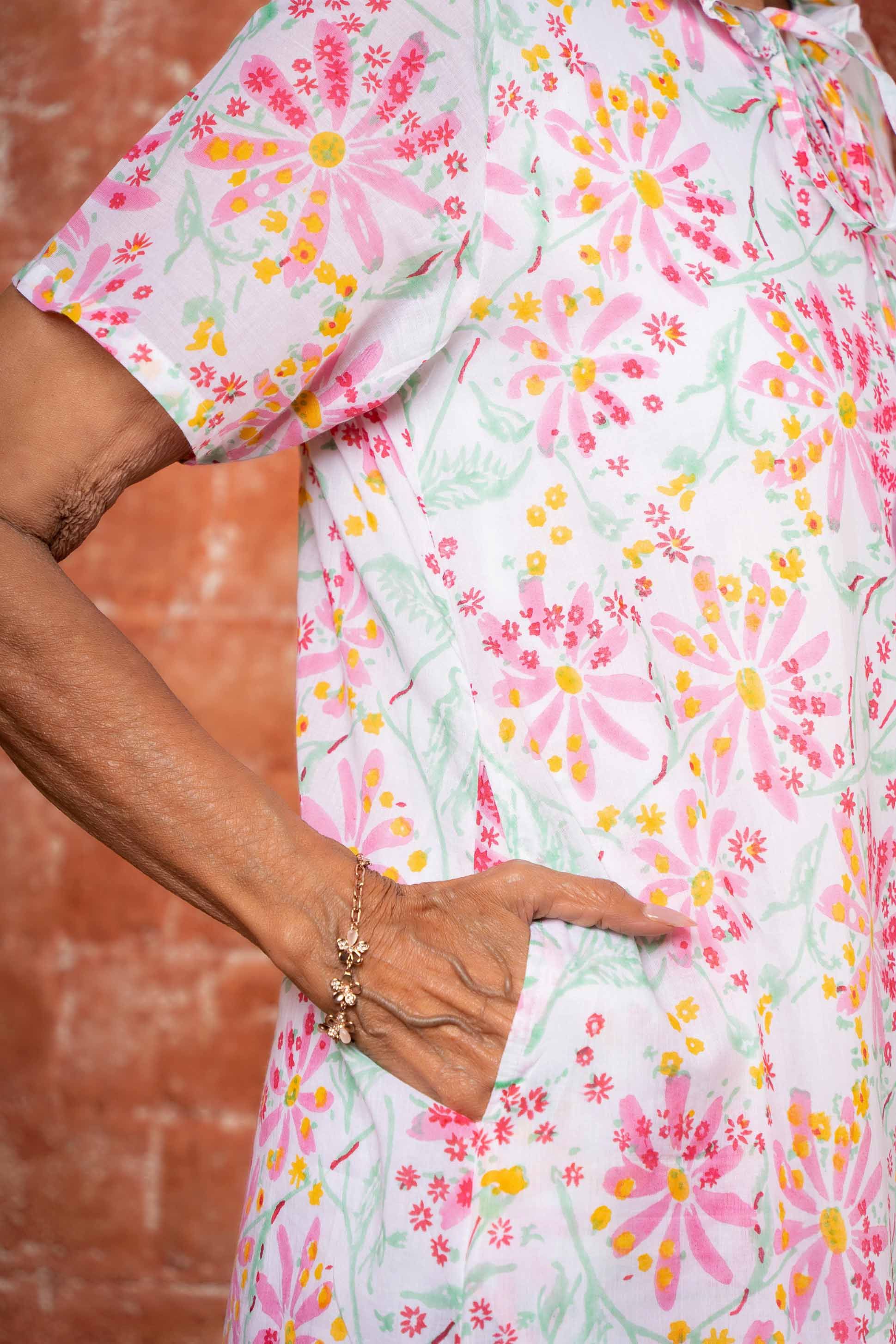 White Block Printed Night Gown