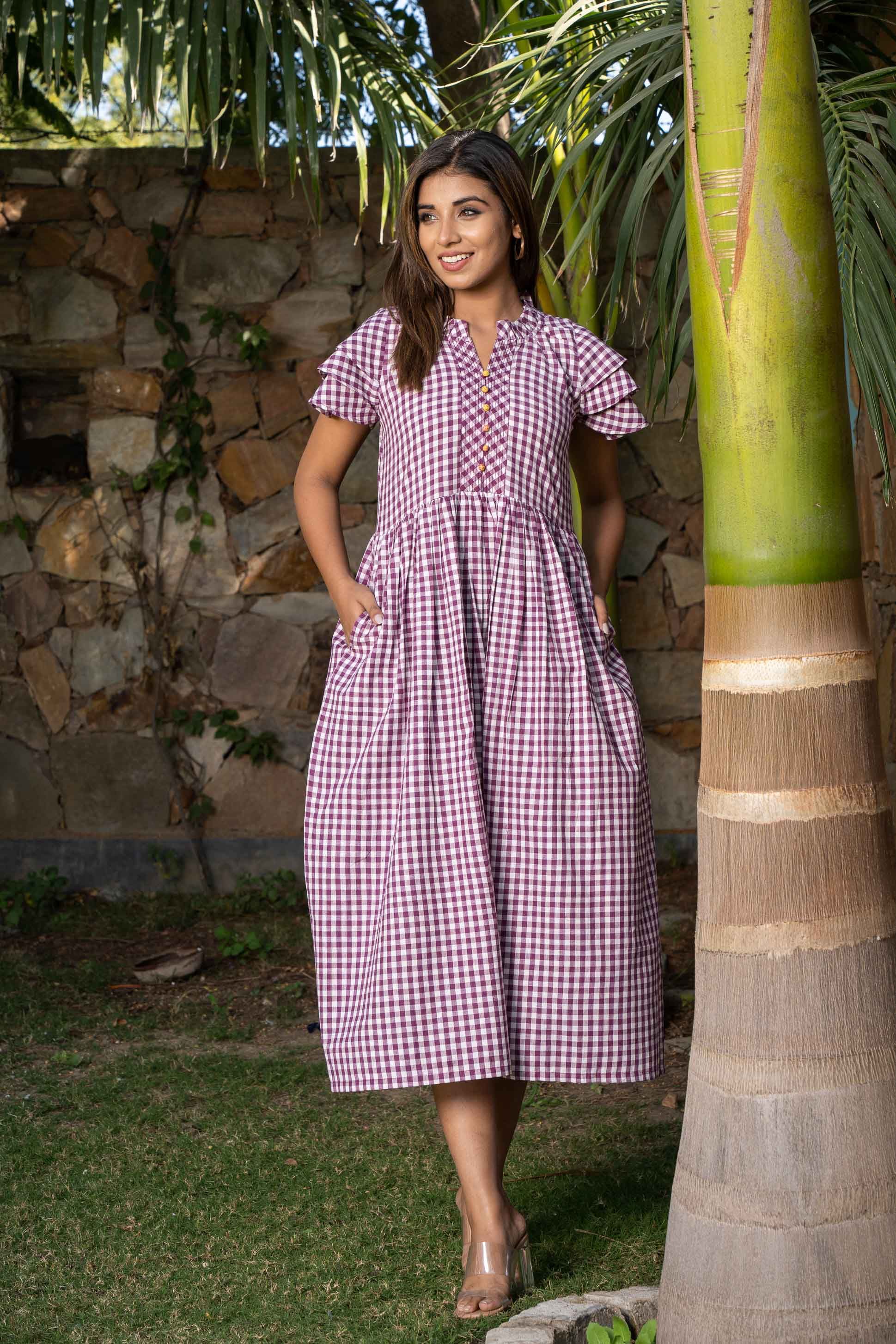 Purple Checks Khari Cotton Dress