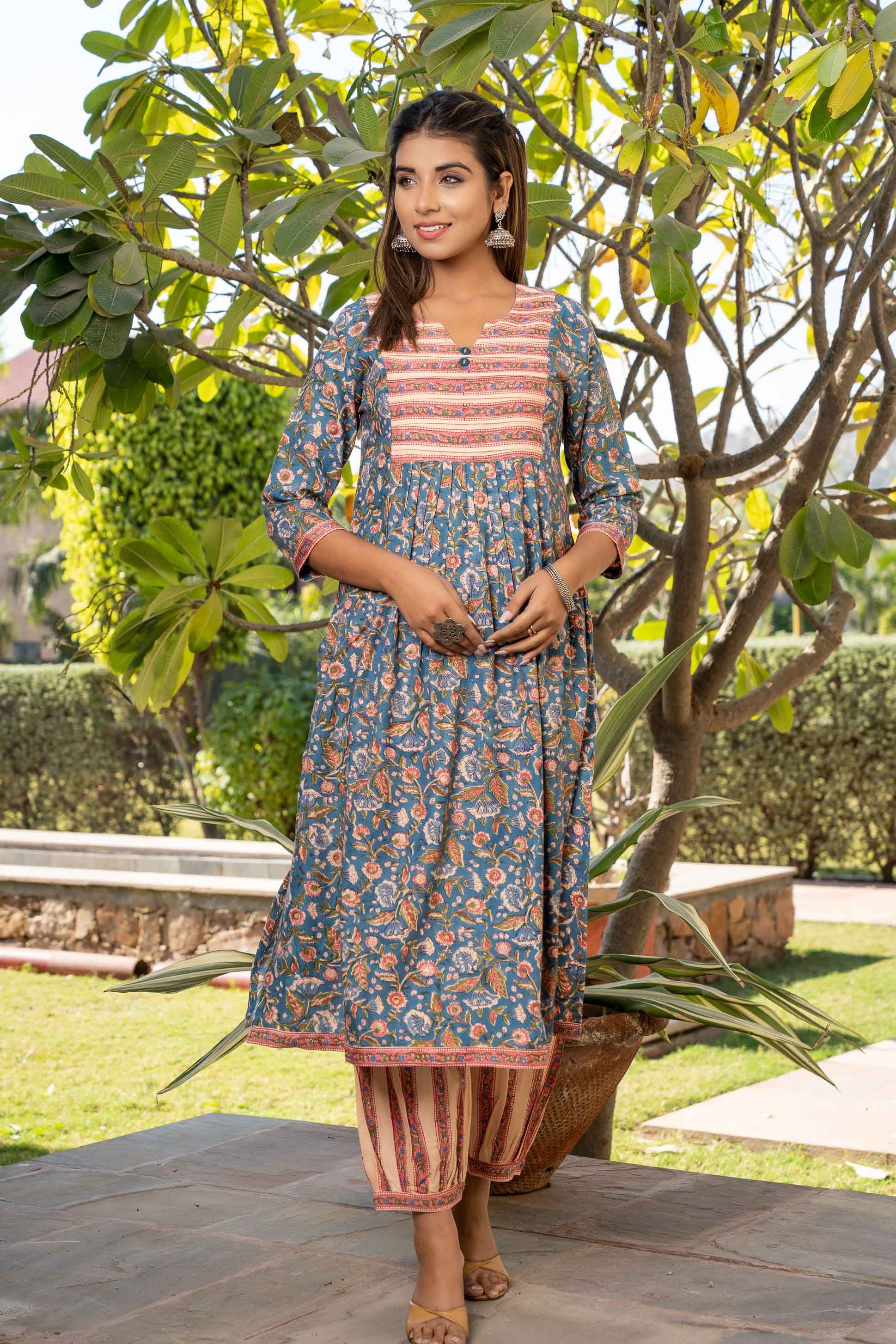 Blue Floral Block Printed Kurta Set