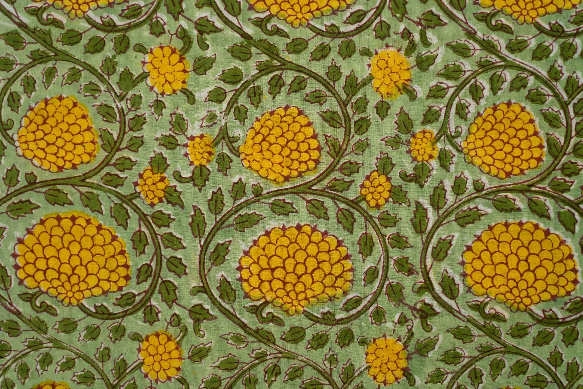 Green Floral Block Printed Fabric