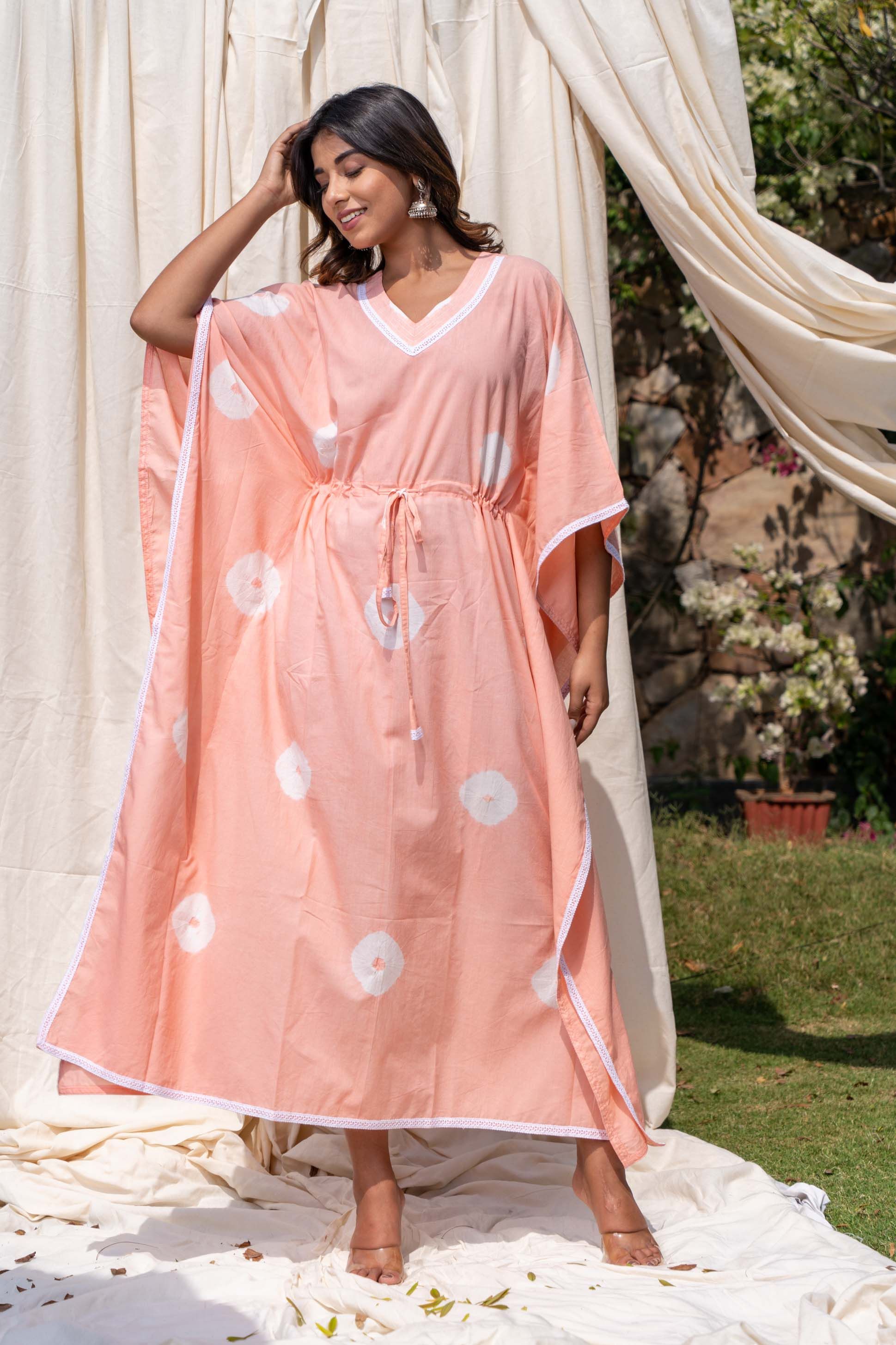 Pastel Peach Shibori Cotton Kaftan