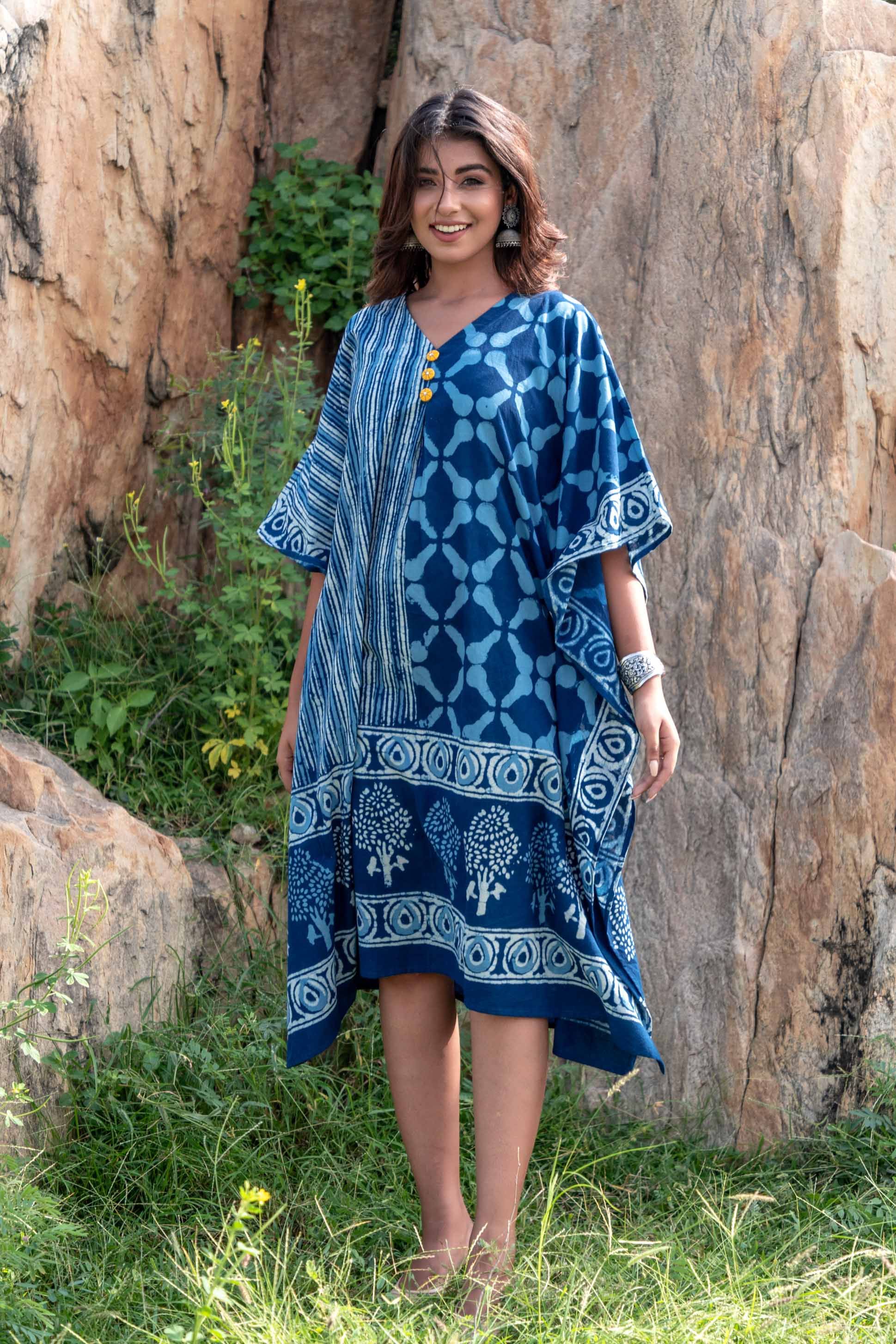 Indigo Designer Block Print Kaftan Dress