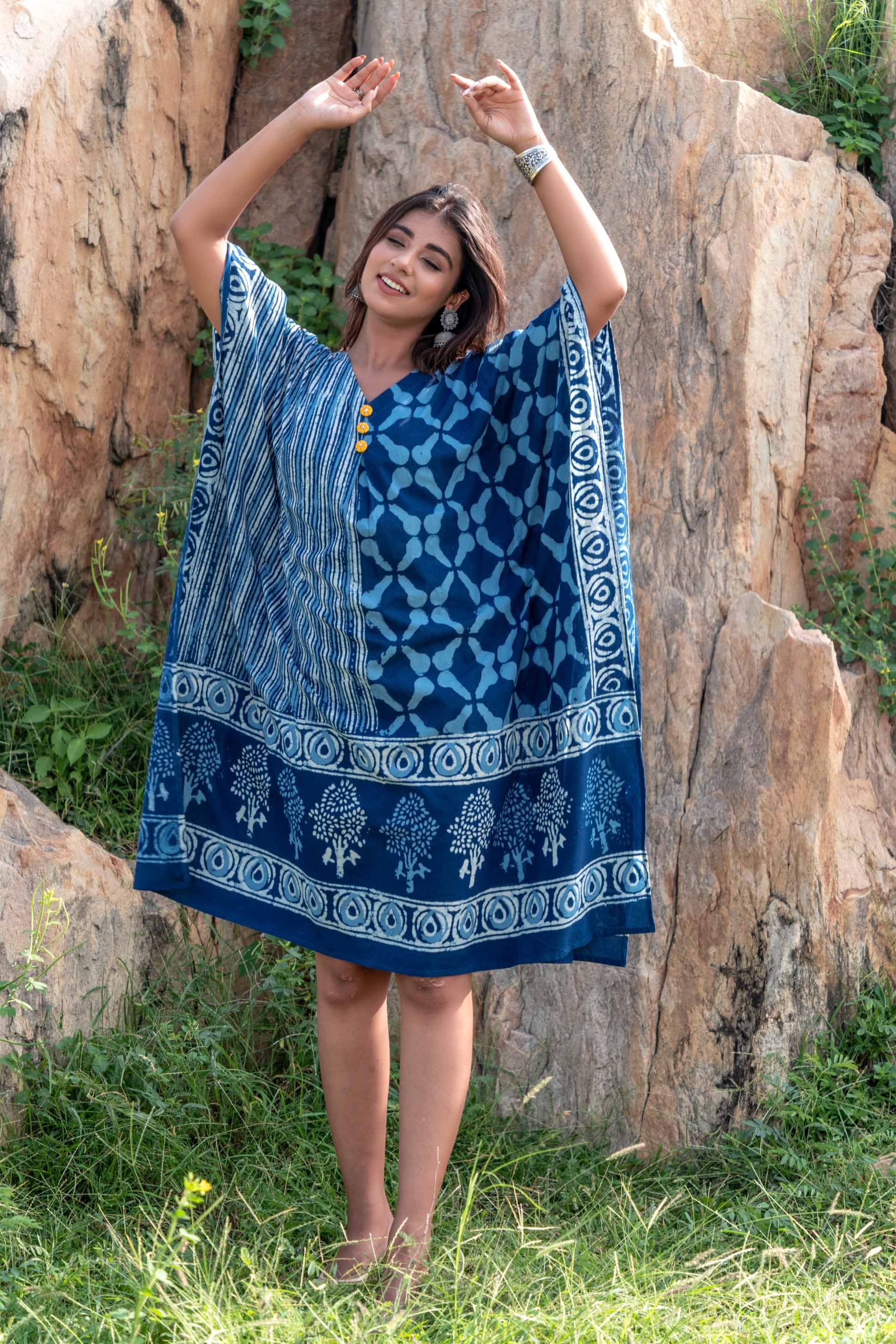 Indigo Designer Block Print Kaftan Dress