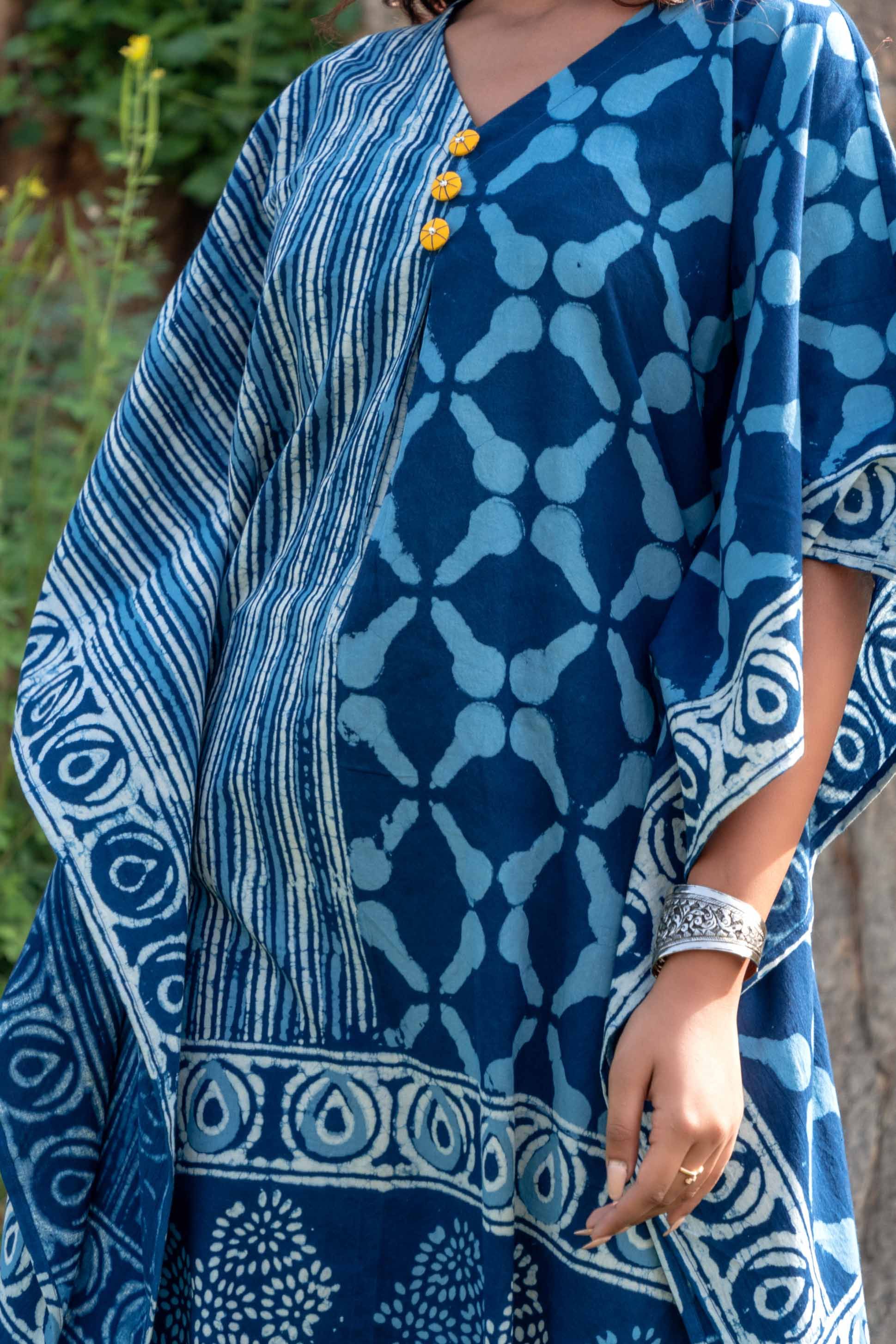 Indigo Designer Block Print Kaftan Dress