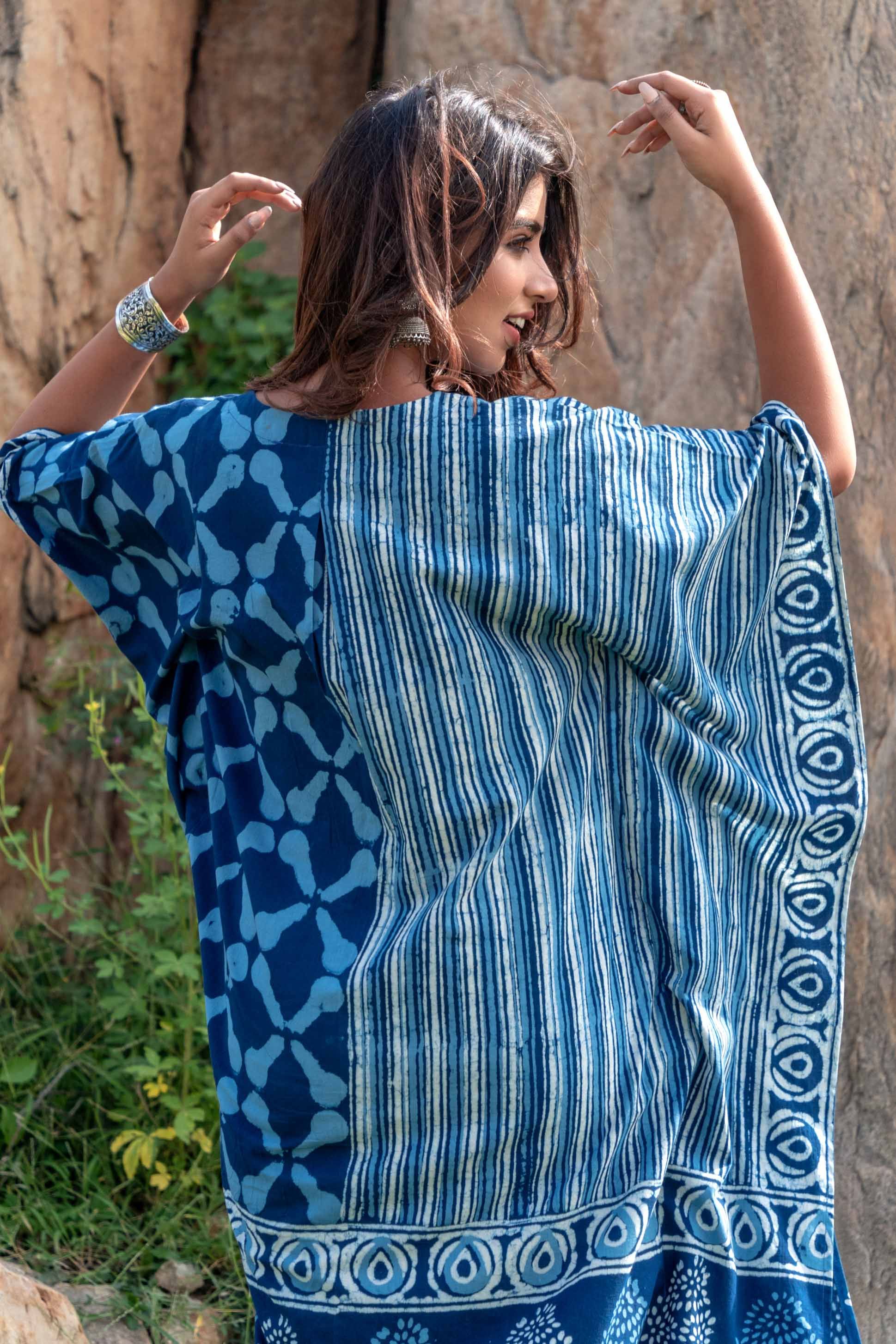 Indigo Designer Block Print Kaftan Dress