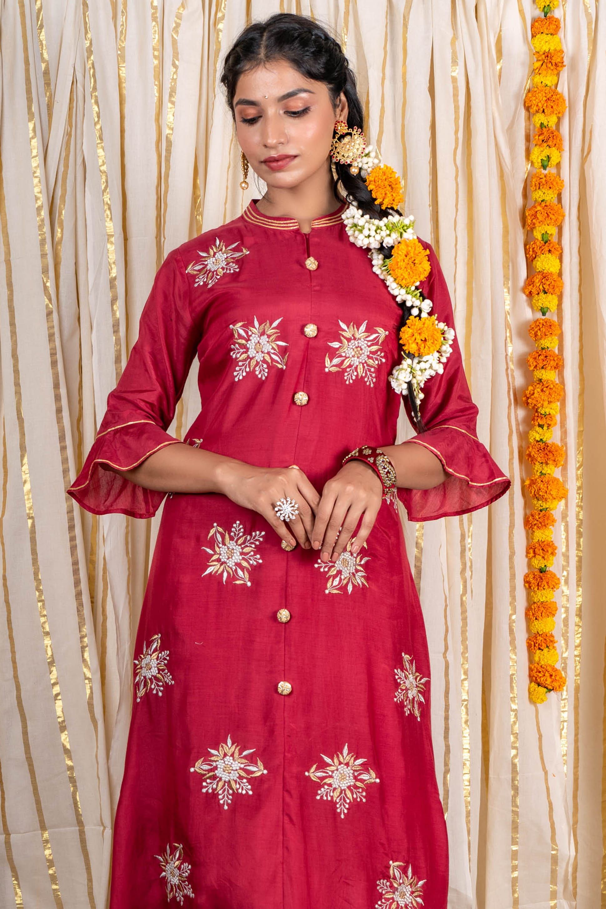 Garnet Maroon Embroidered Muslin Silk Kurta