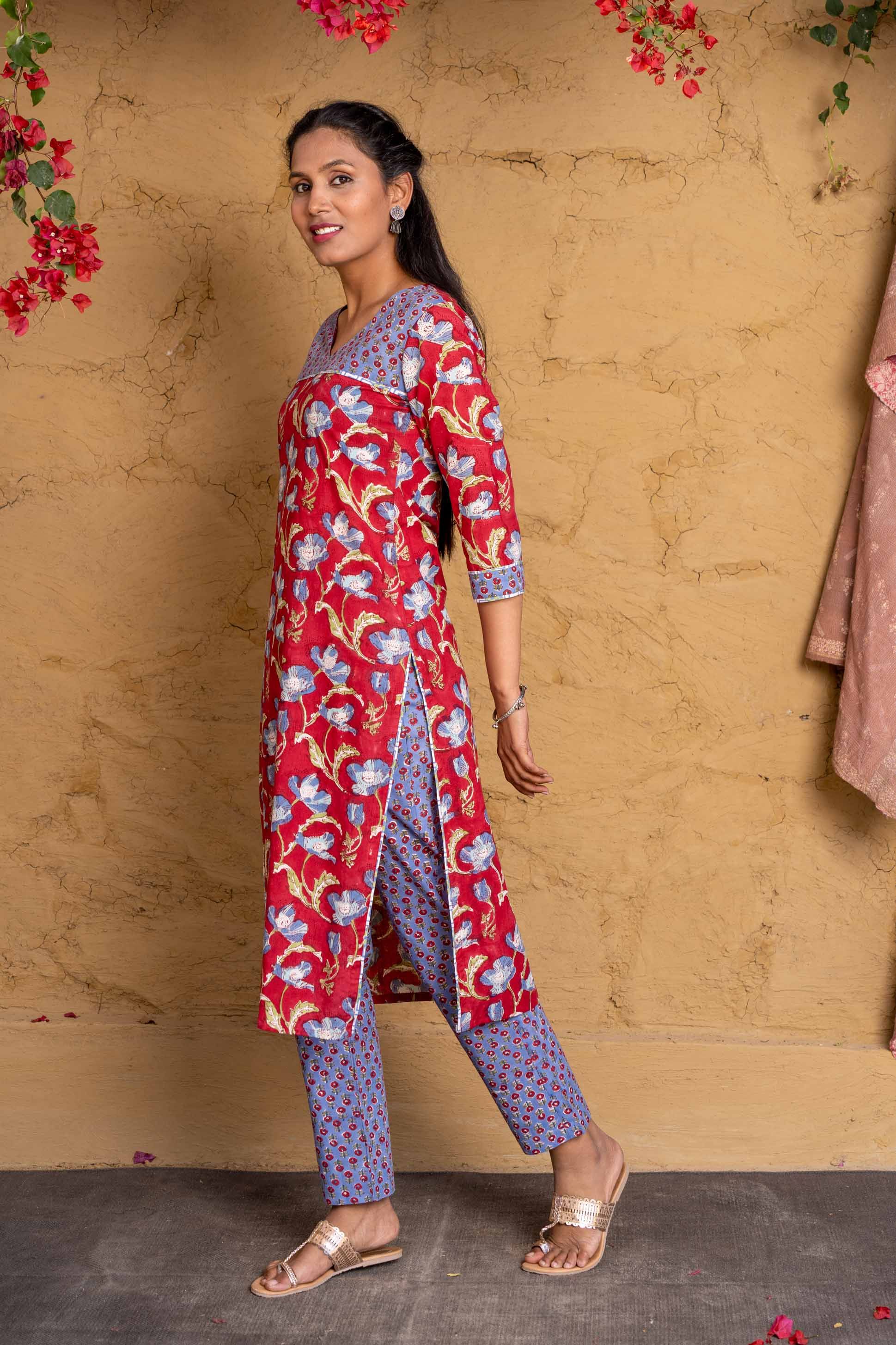 Red Blue Block Printed Kurta Set