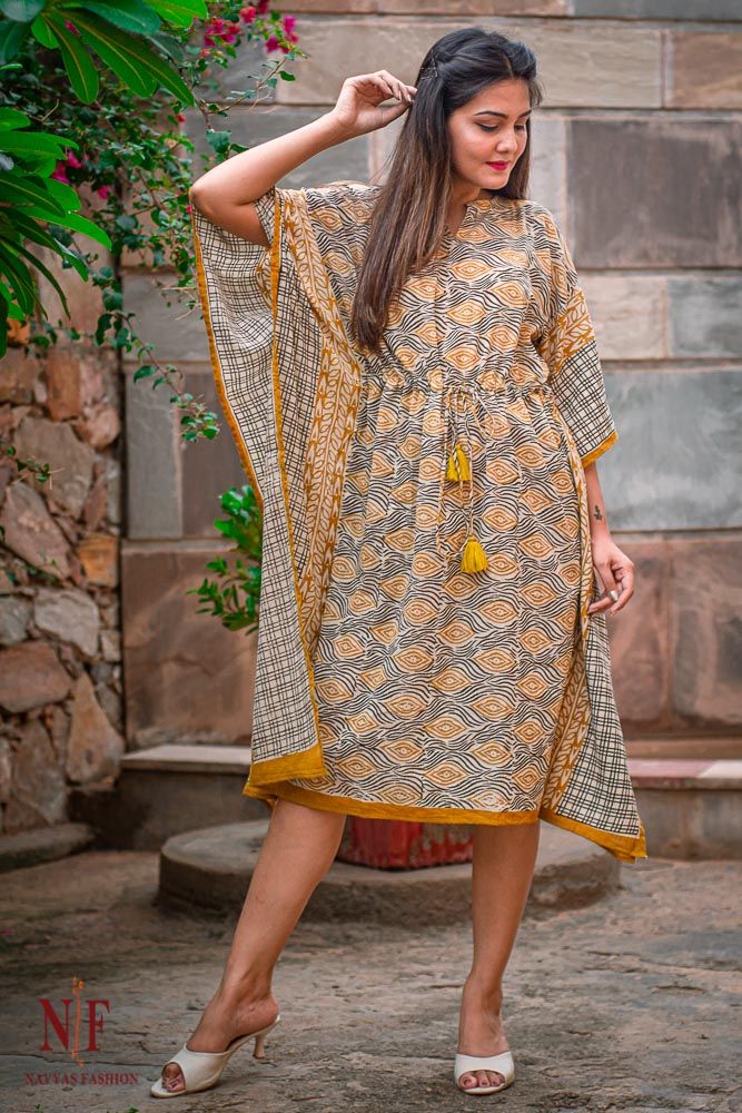 Mustard Bagru Block Printed Cotton Kaftan Dress