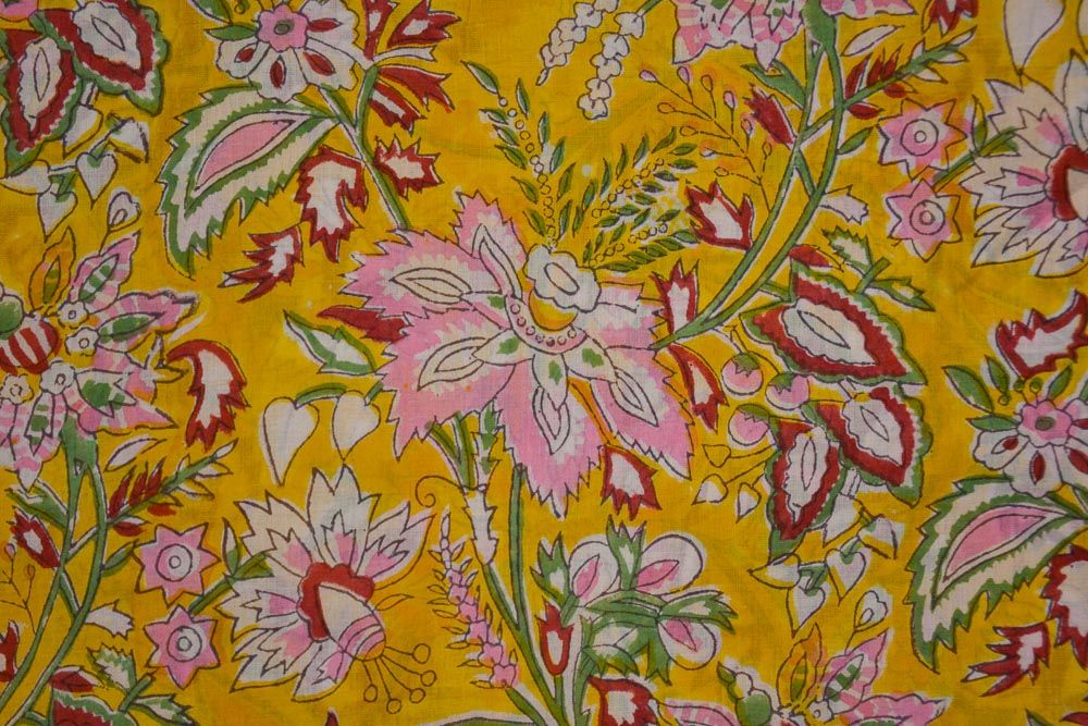 Yellow Floral Hand Block Printed Mulmul Cotton Fabric