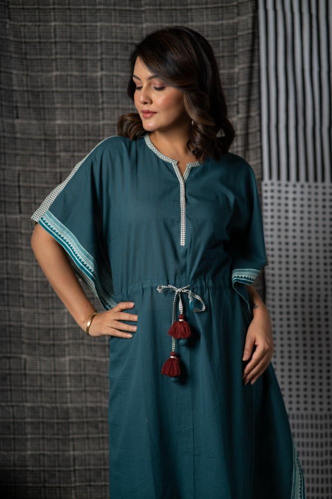 Teal Green Block Print Kaftan