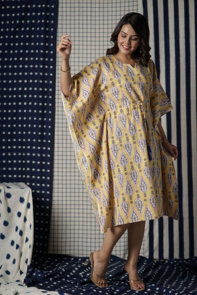 Yellow Block Printed Kaftan