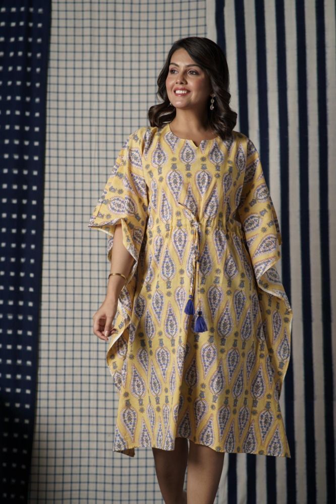 Yellow Block Printed Kaftan