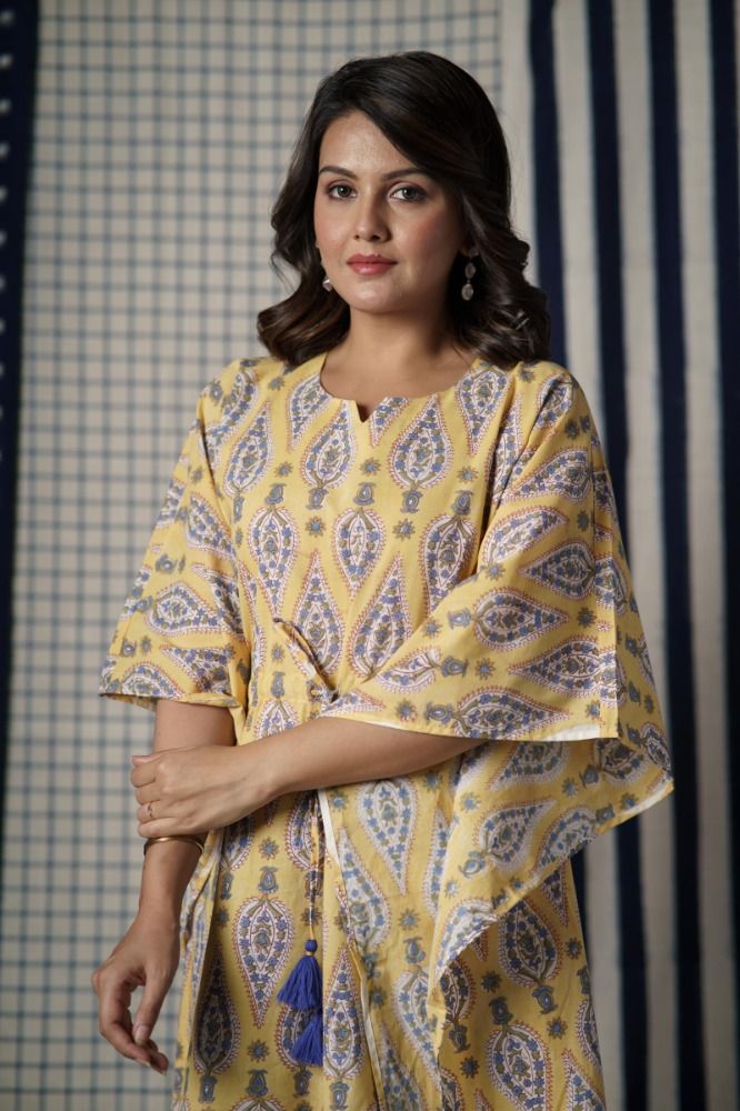 Yellow Block Printed Kaftan