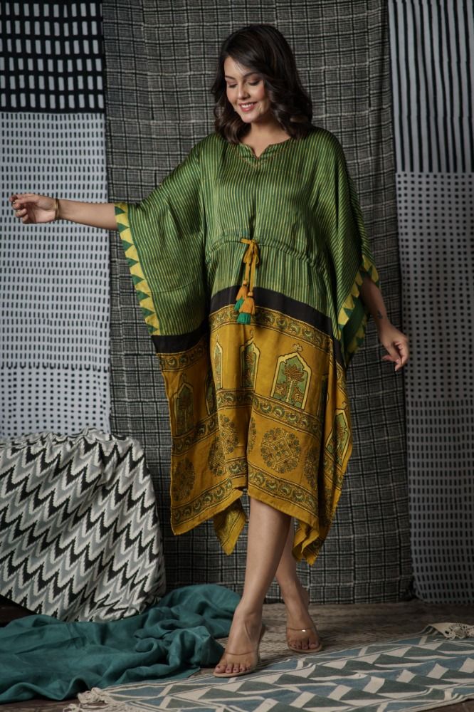 Green Ajrakh Modal Silk Kaftan