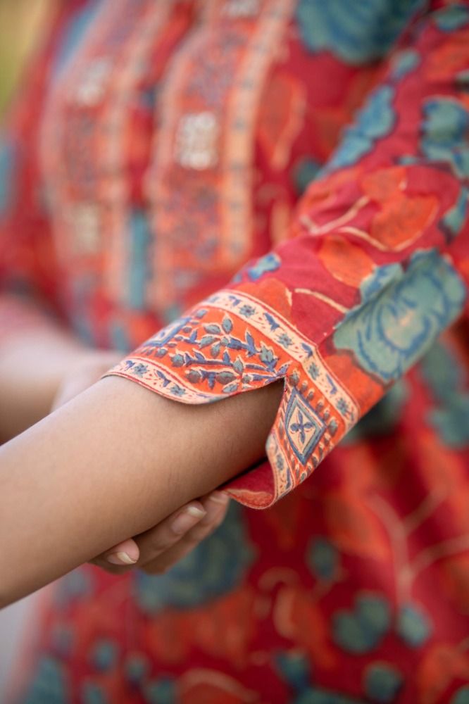 Red Block Printed Kurta 