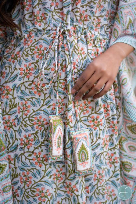 Blue Peach Block Printed Cotton Kaftan Dress