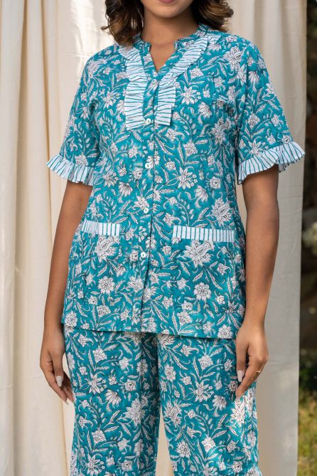 Turquoise Block Printed Lounge Wear